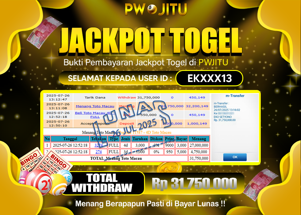 PWJITU JACKPOT TOGEL TOTOMACAU  Rp.31.750.000,- LUNAS
