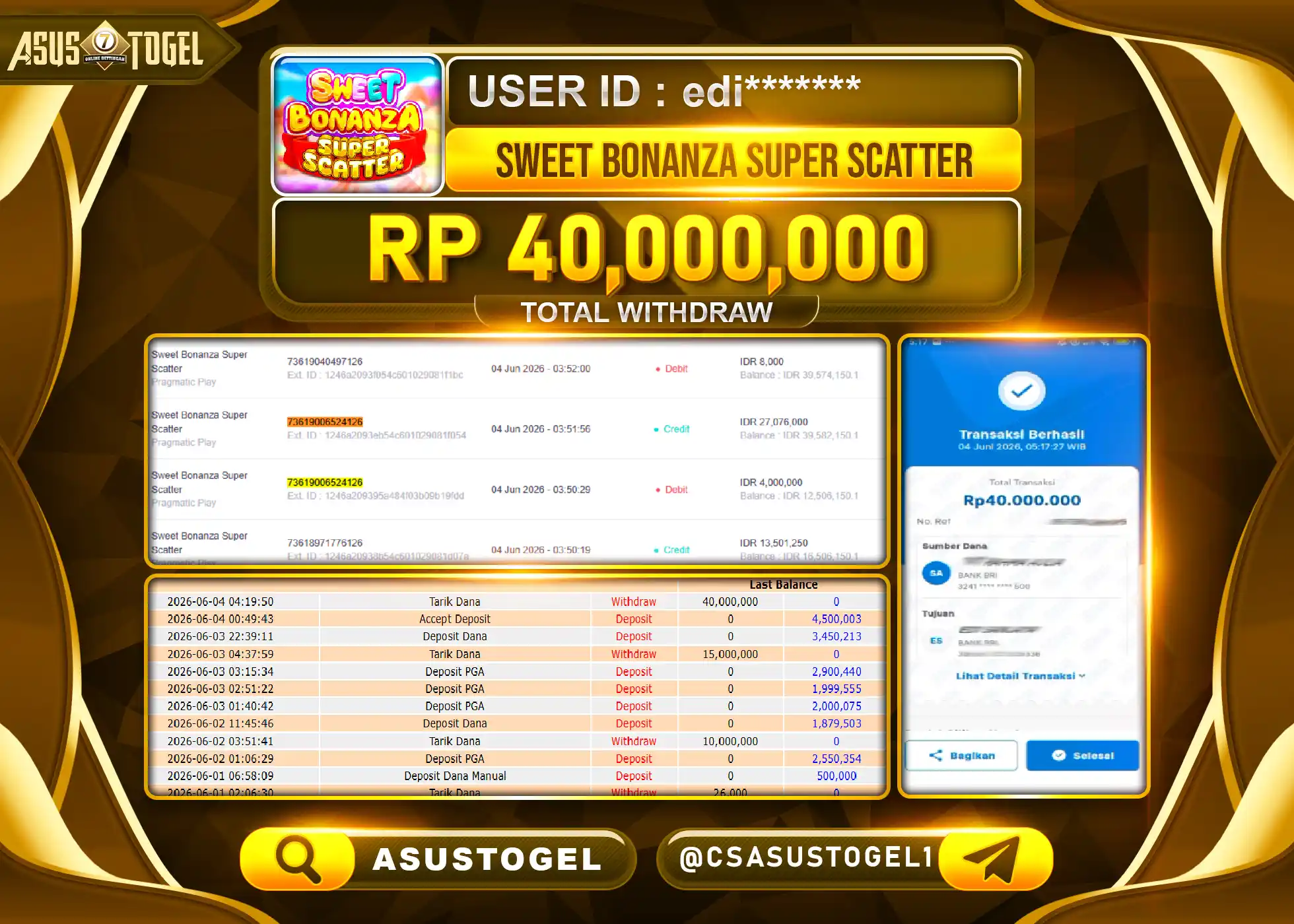 ASUSTOGEL KEMENANGAN DI SWEET BONANZA SUPER SCATTER Rp.40,000,000 - RUPIAH LUNAS