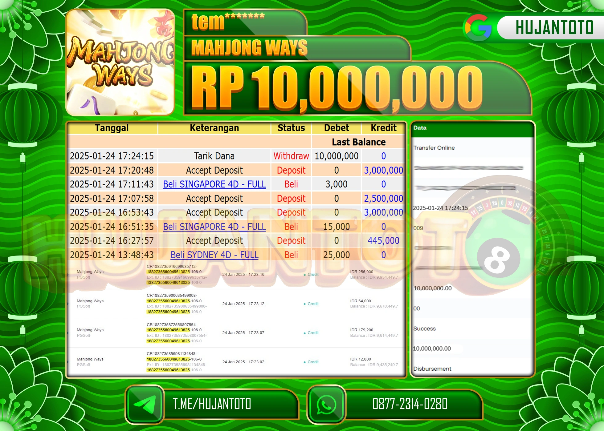 HUJANTOTO - BUKTI JACKPOT DI PERMAINAN  SLOT MAHJONG WAYS Rp,10,000,000 - TERBAYAR LUNAS