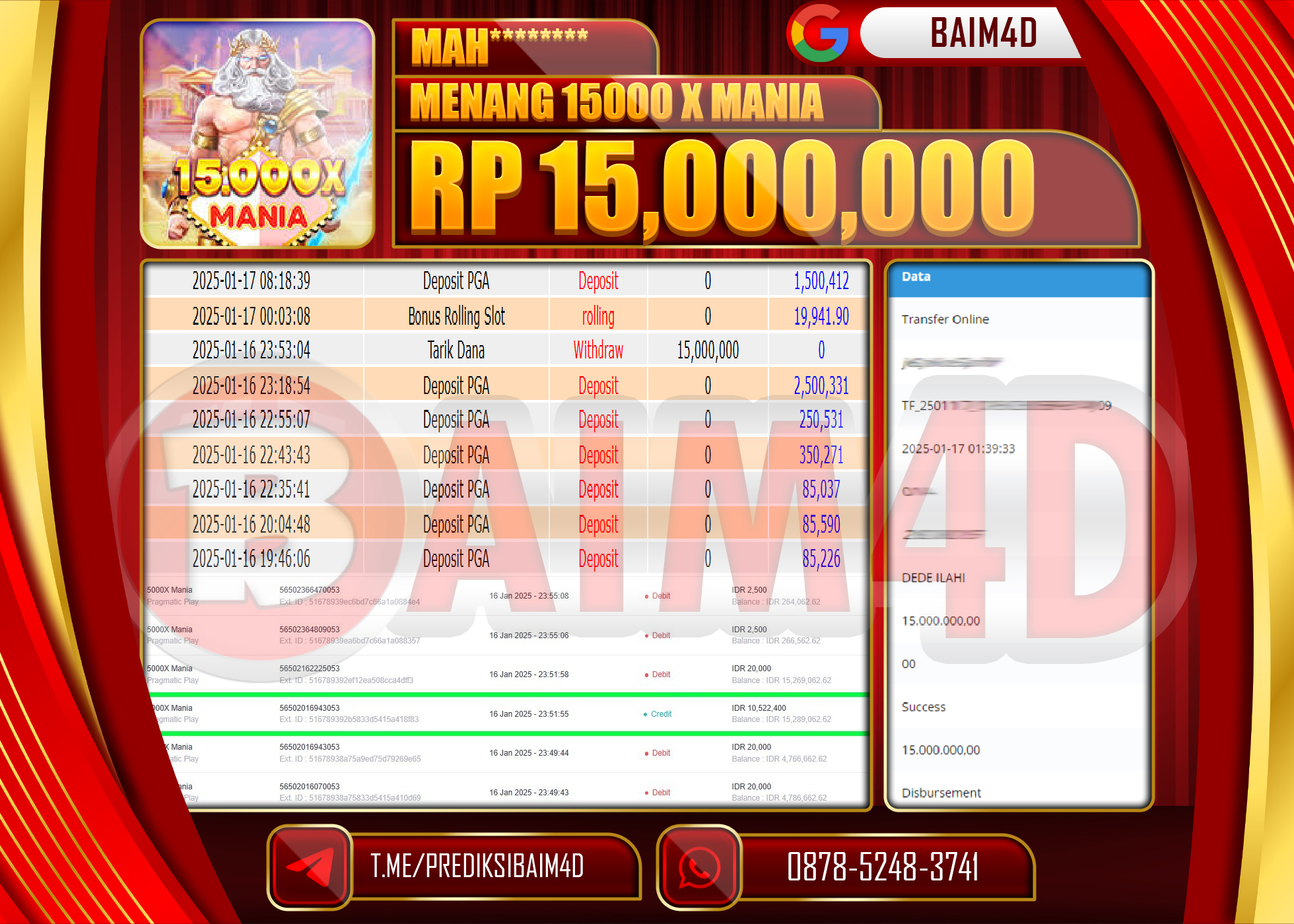 BAIM4D JACKPOT Menang 15000 X MANIA   Rp.15,000,000.- LUNAS