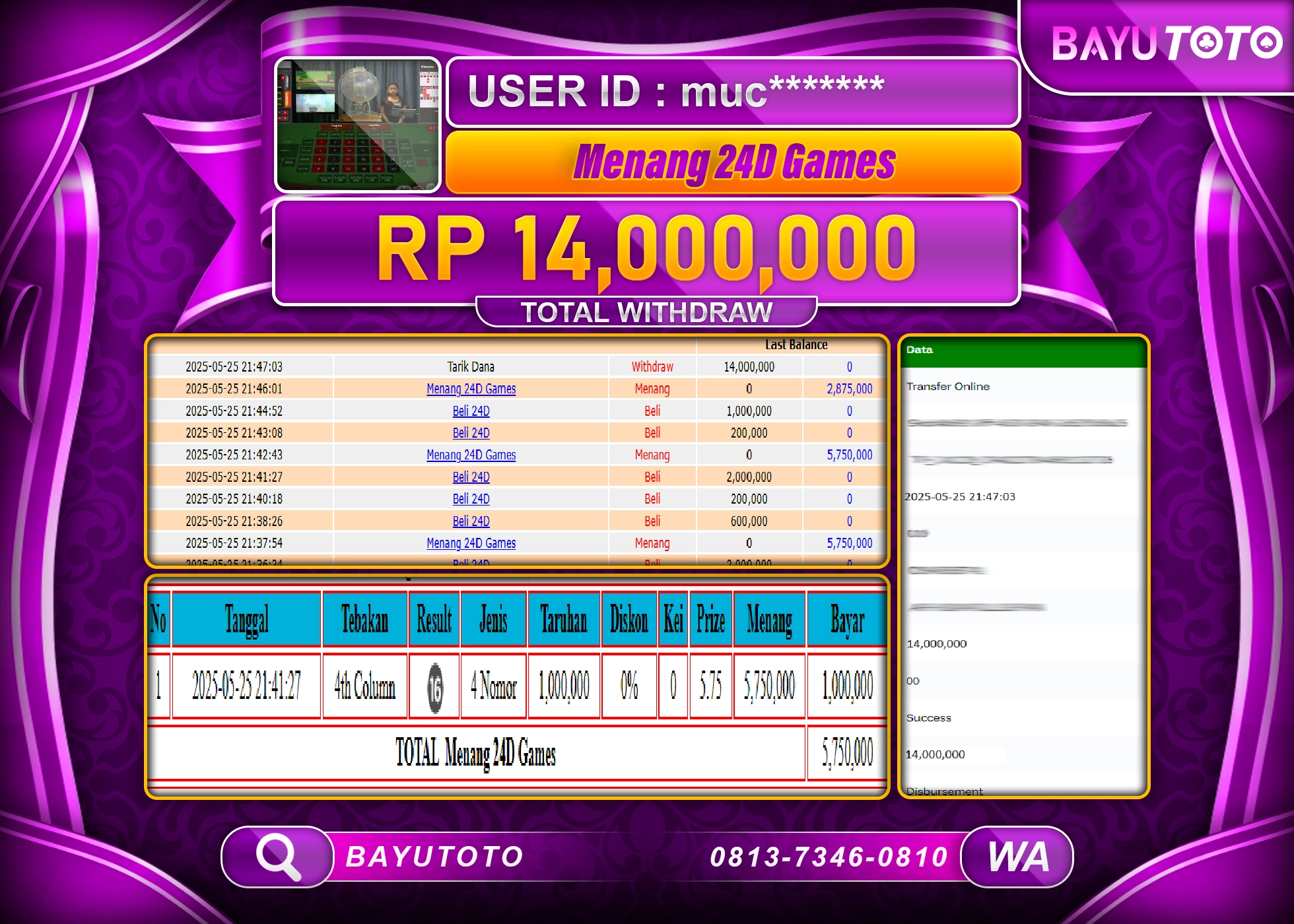 BAYUTOTO JACKPOT DI LIVE GAMES 24DGAMES Rp.14,000,000LUNAS