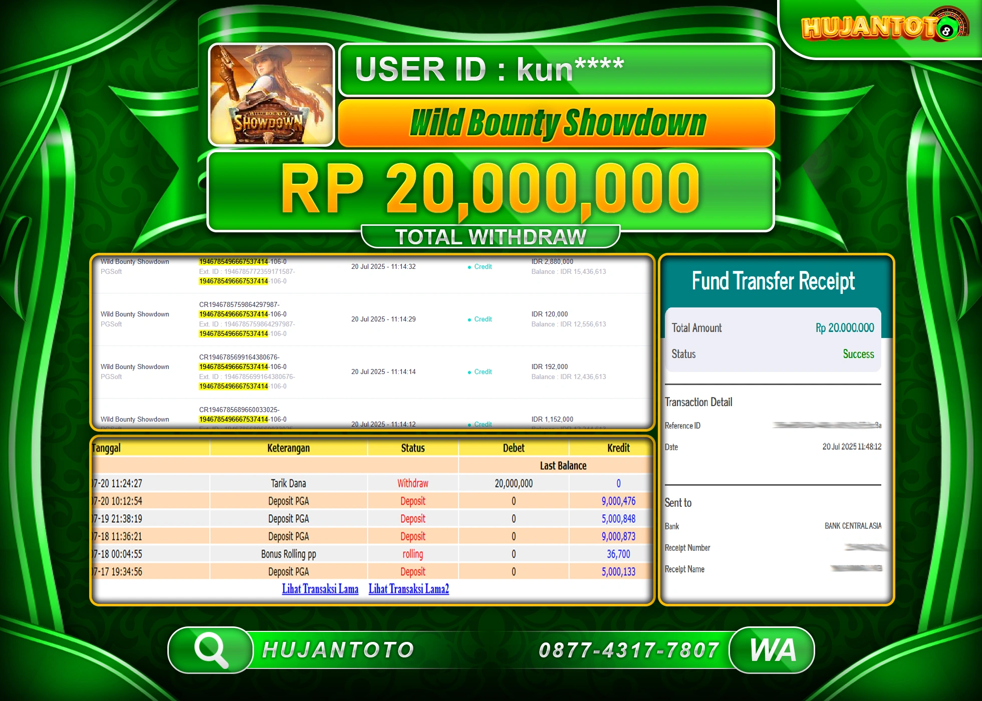 HUJANTOTO - BUKTI JACKPOT KEMENANGAN SLOT WILD BOUNTY  SHOWDOWN Rp.20,000,000 - TERBAYAR LUNAS