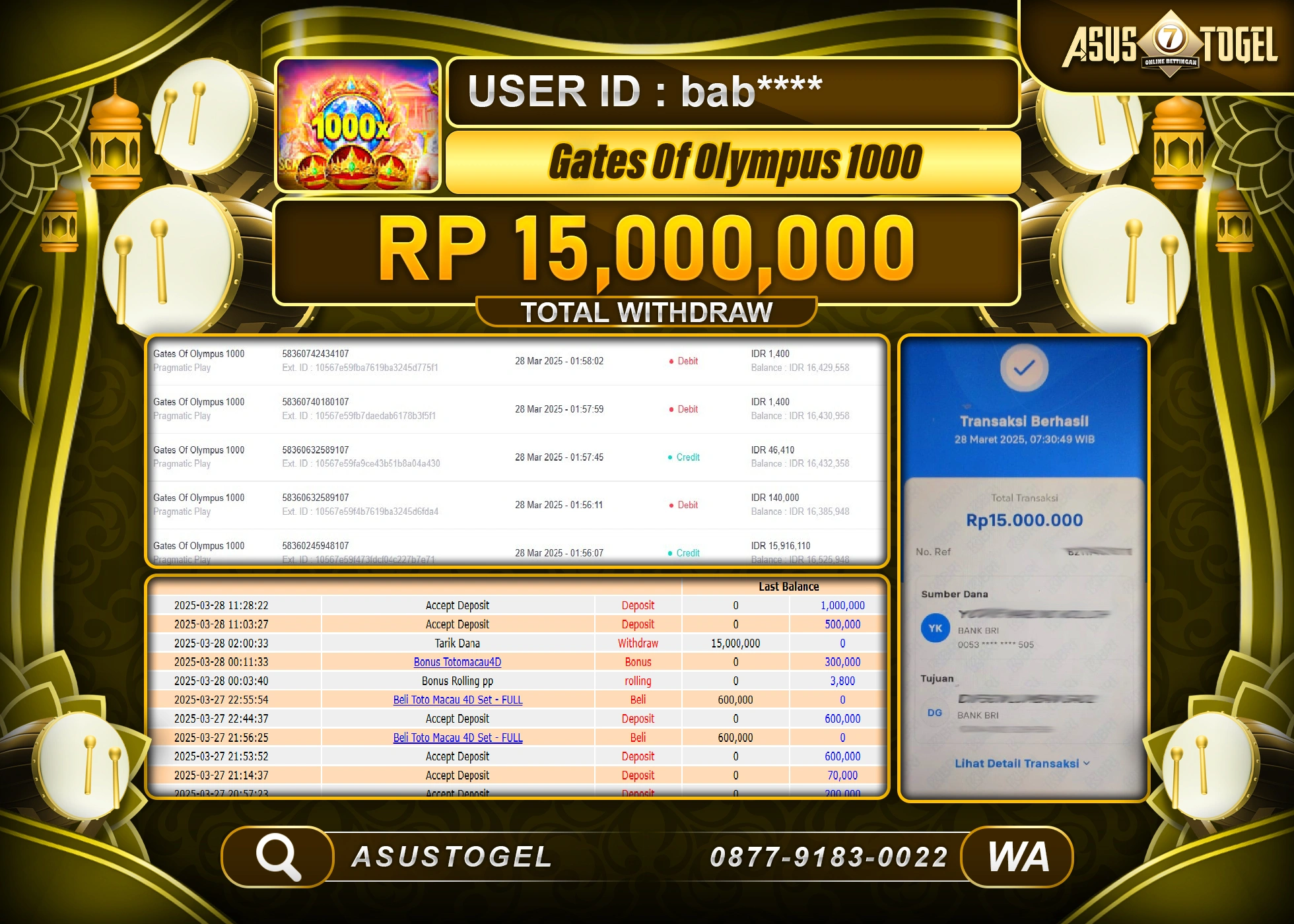 ASUSTOGEL KEMENANGAN DI GATES OF OLYMPUS 1000 SEBESAR 15,000,000- RUPIAH LUNAS