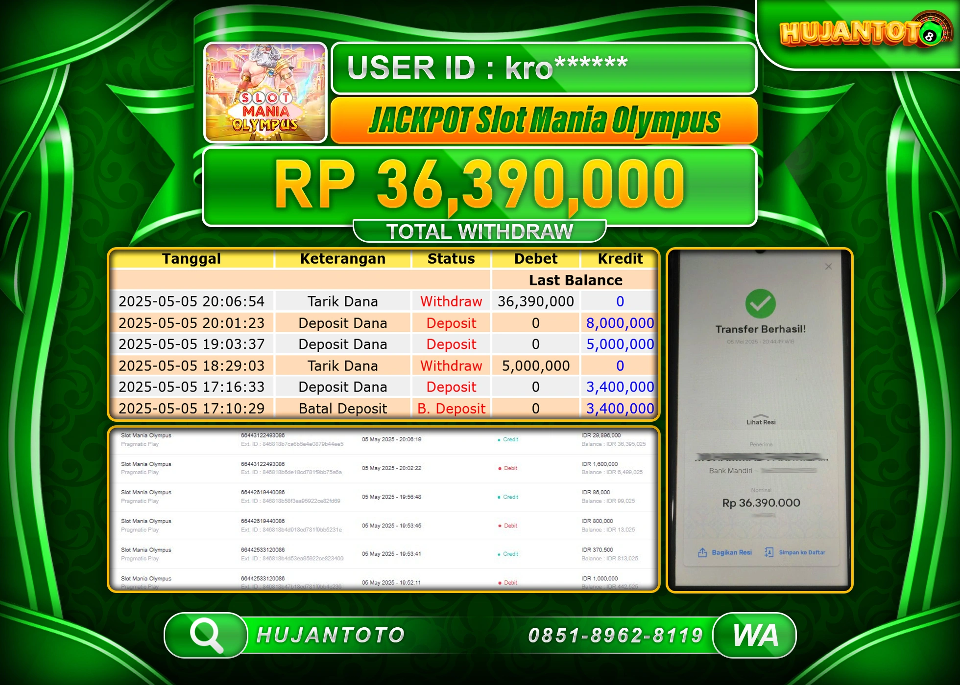 HUJANTOTO - BUKTI JACKPOT MENANG SLOT SLOT MANIA OLYMPUS Rp,36,390,000 - TERBAYAR LUNAS