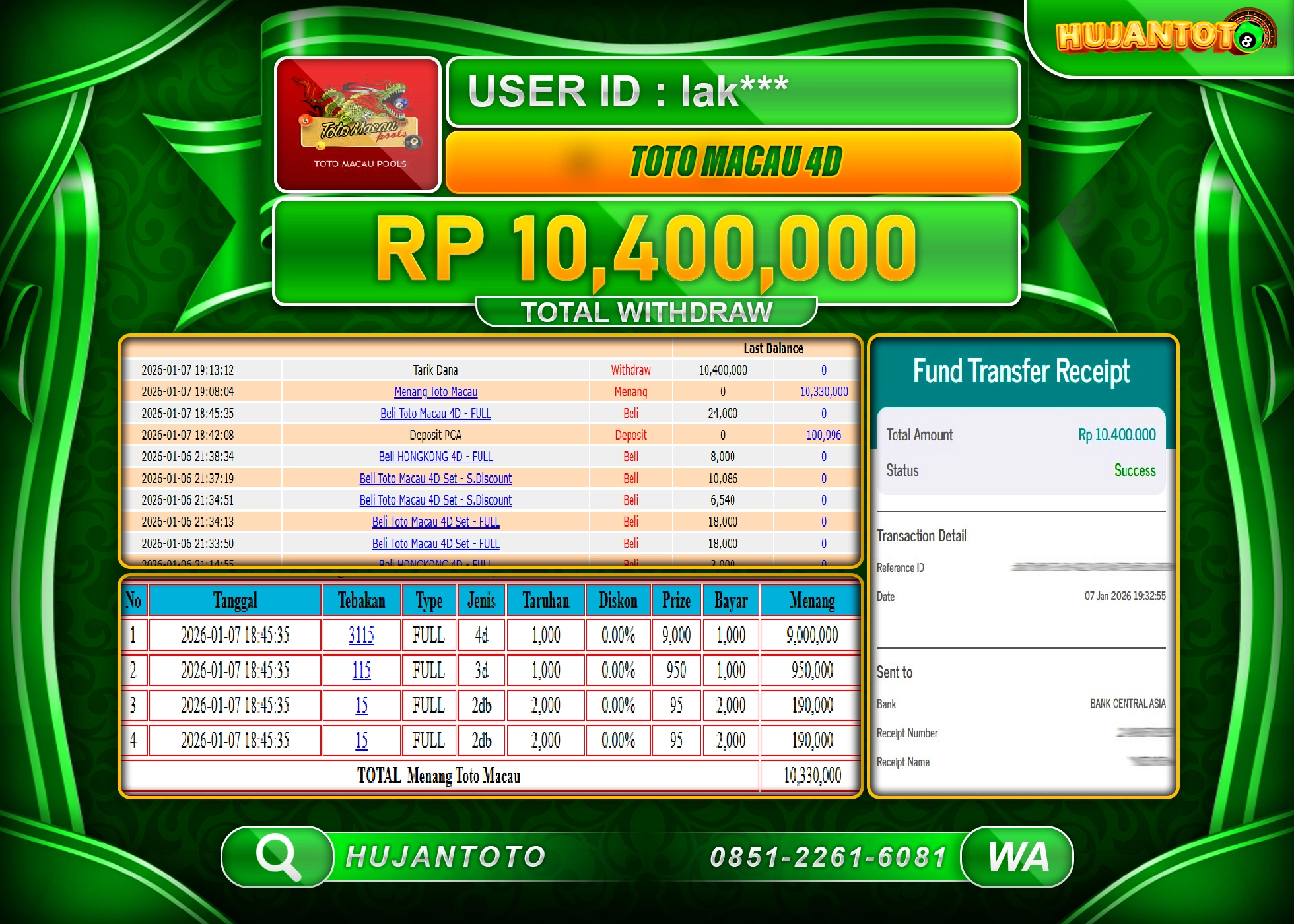 HUJANTOTO - BUKTI JACKPOT MENANG TOGEL TOTO MACAU 4D Rp.10,400,000 - TERBAYAR LUNAS