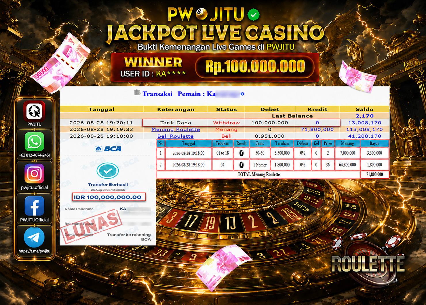 PWJITU JACKPOT Live Casino Roulette Rp100.000.000,- LUNAS