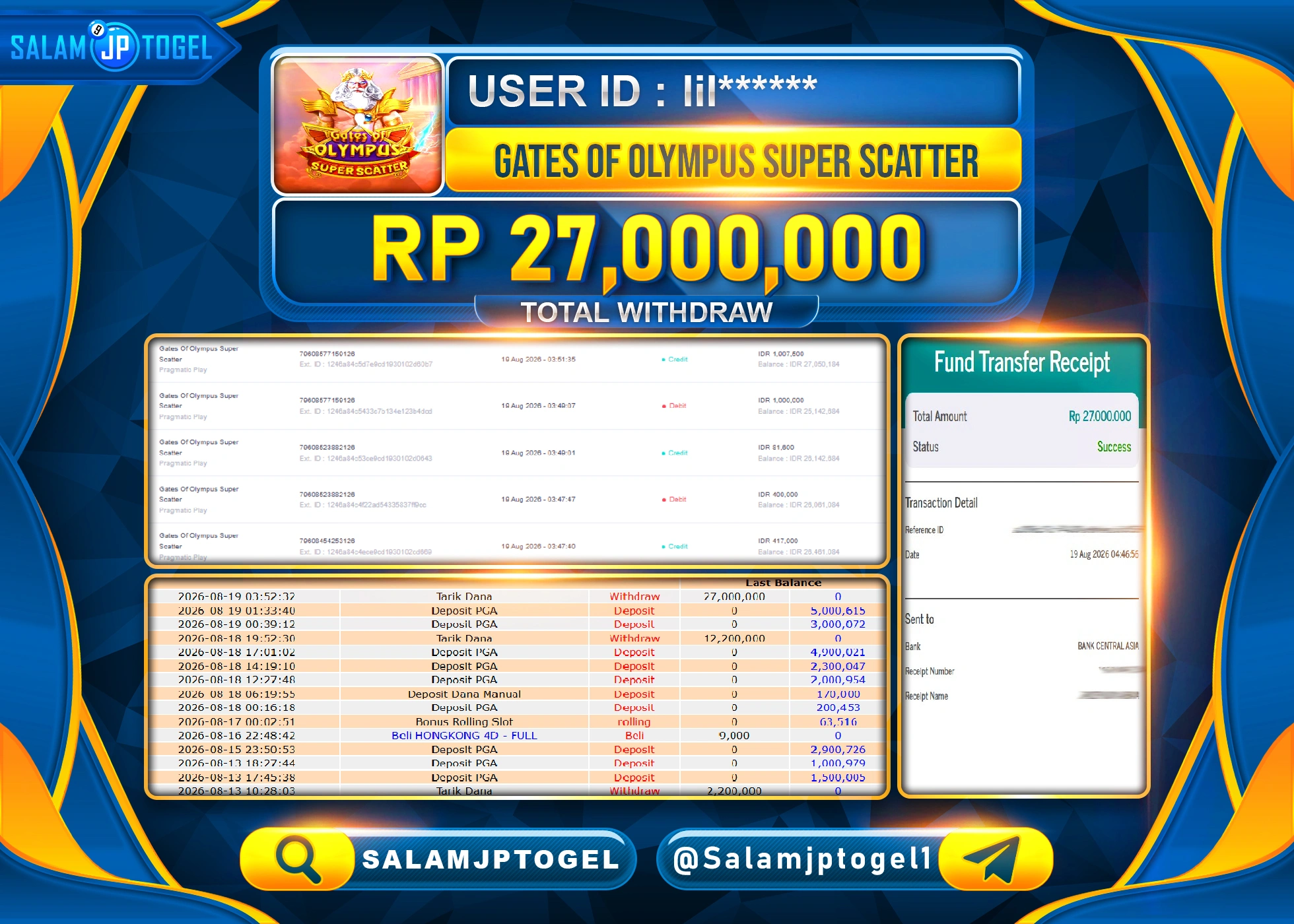 SALAMJPTOGEL JACKPOT MENANG SLOT GATES OF OLYMPUS SUPER SCATER Rp.27,000,000 - LUNAS