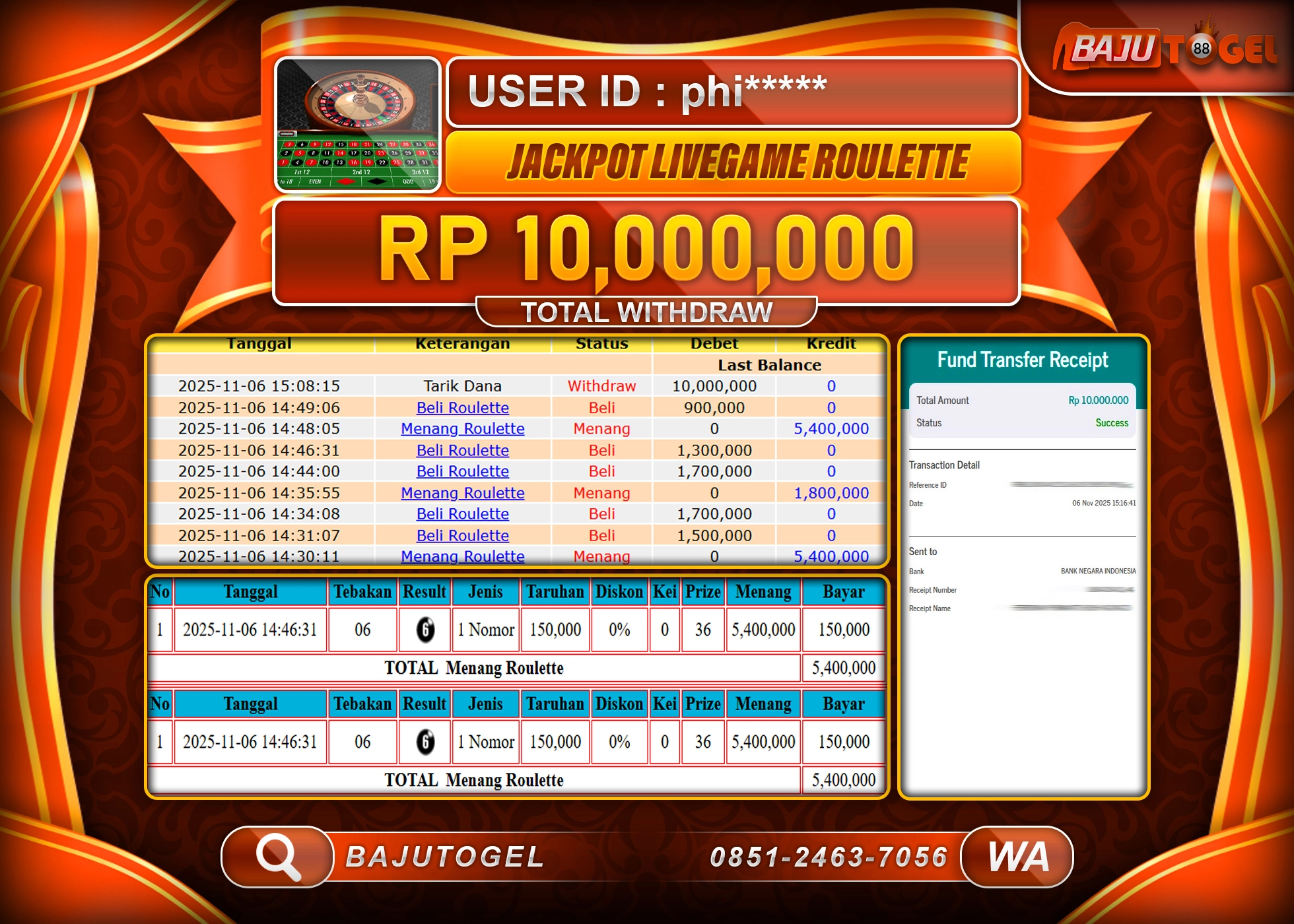 BAJUTOGEL KEMENANGAN GAME  LIVEGAMES ROULETTE Rp.10,000,000 LUNAS