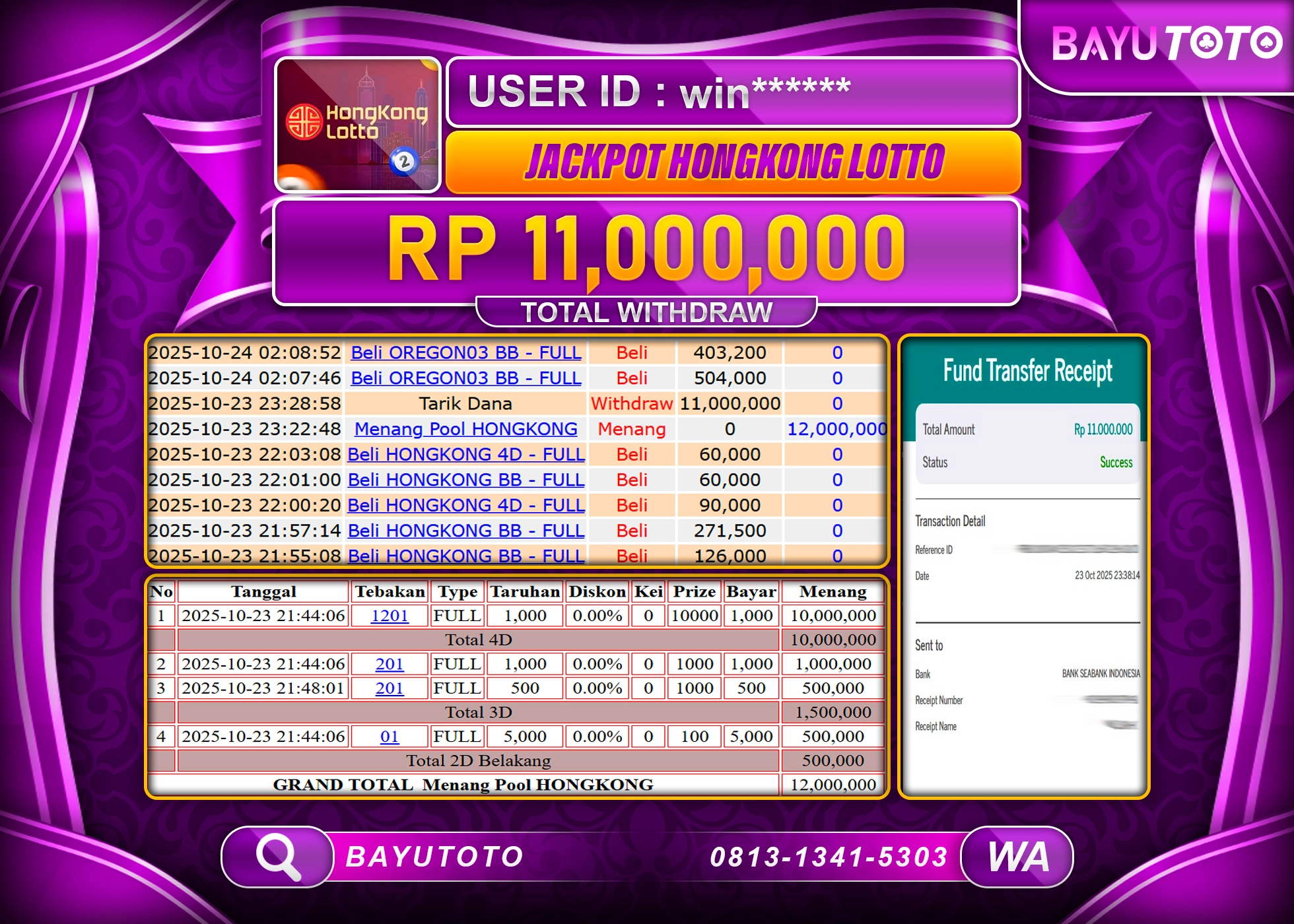 MEMBER BAYUTOTO JACKPOT DI  TOGEL HONGKONG LOTTO Rp. 11,000,000 LUNAS