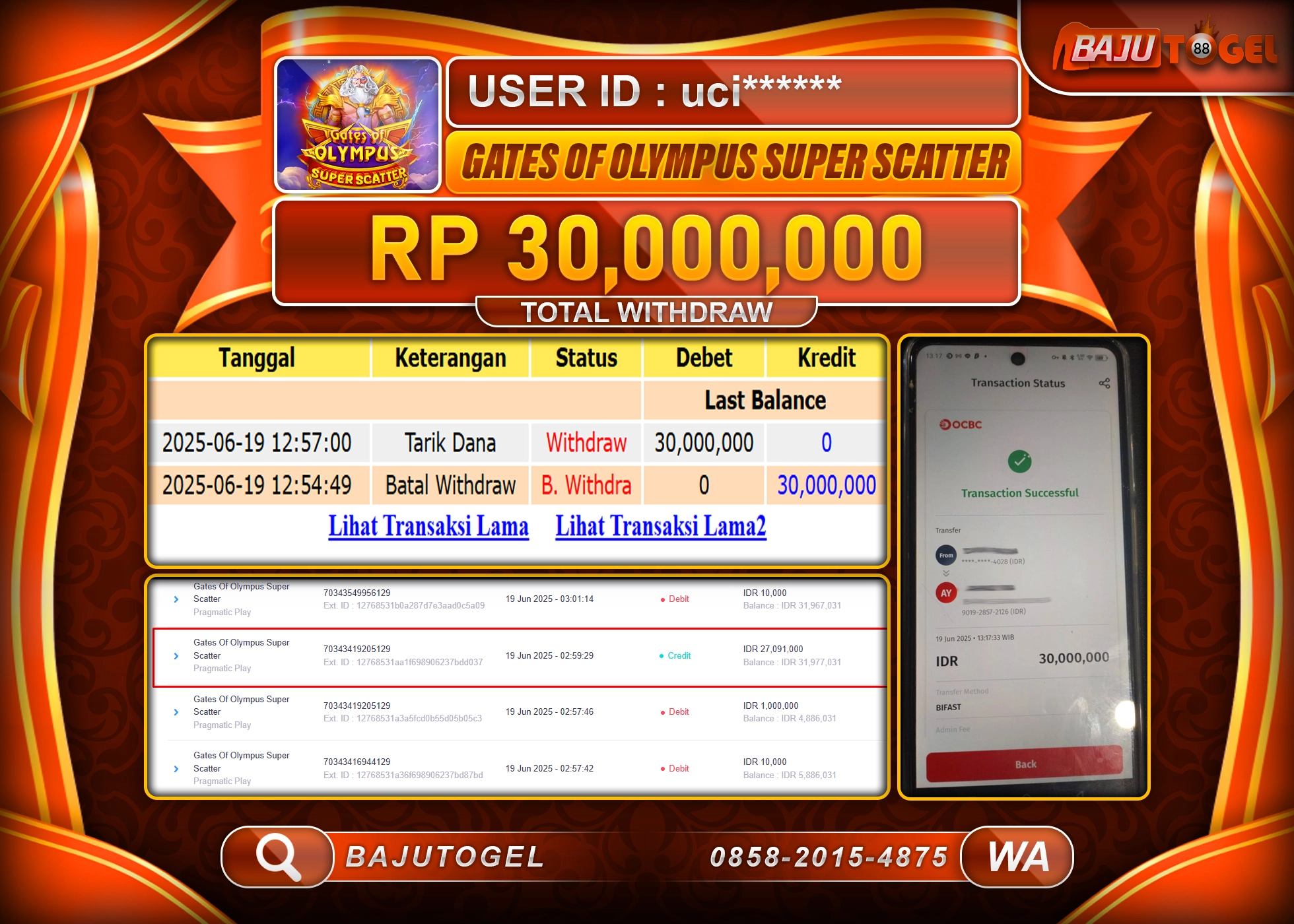 BAJUTOGEL KEMENANGAN  GATES OF OLYMPUS SS Rp.30.000.000 LUNAS