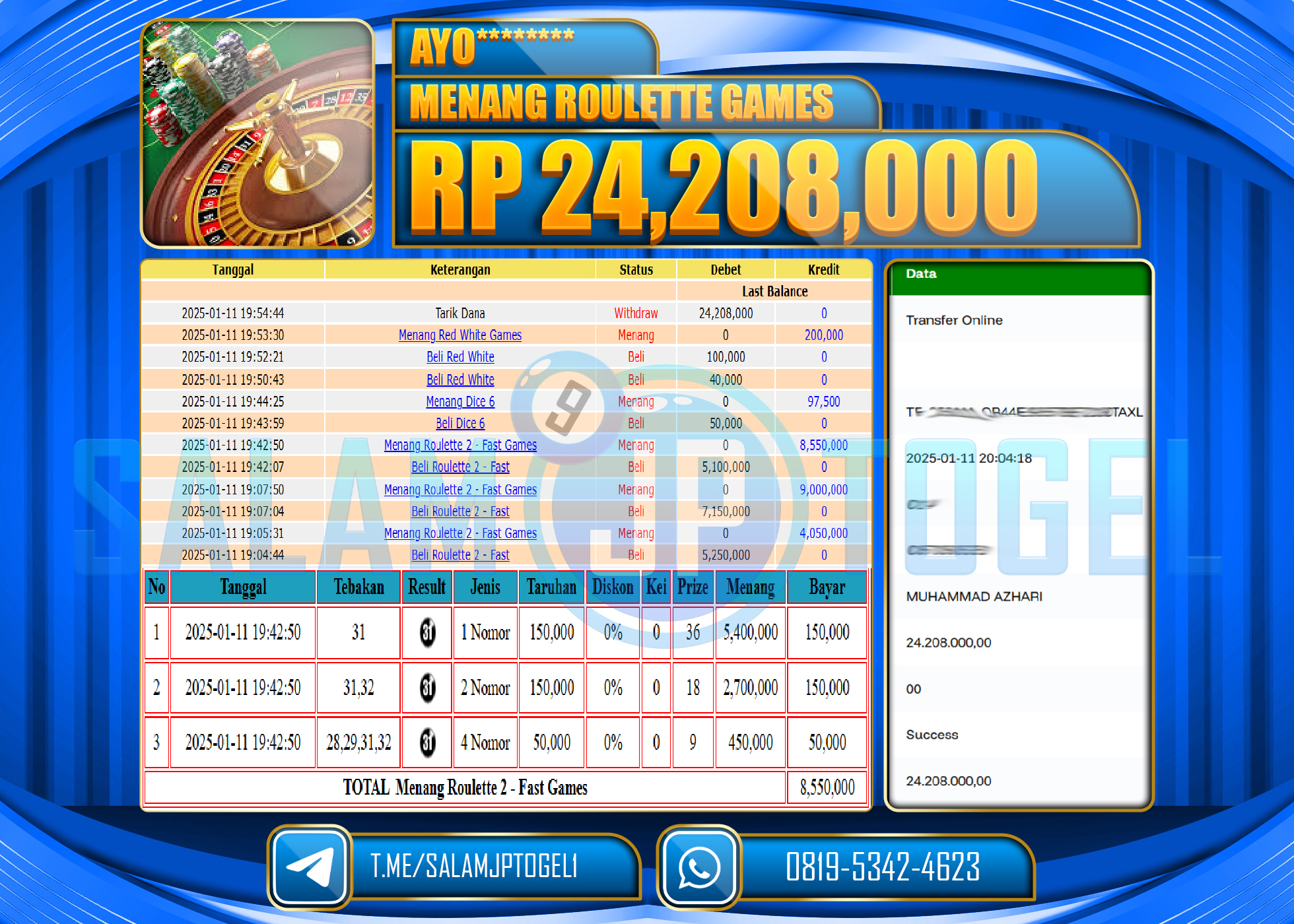 SALAMJPTOGEL MENANG ROULETTE GAMES Rp.24,208,000 LUNAS