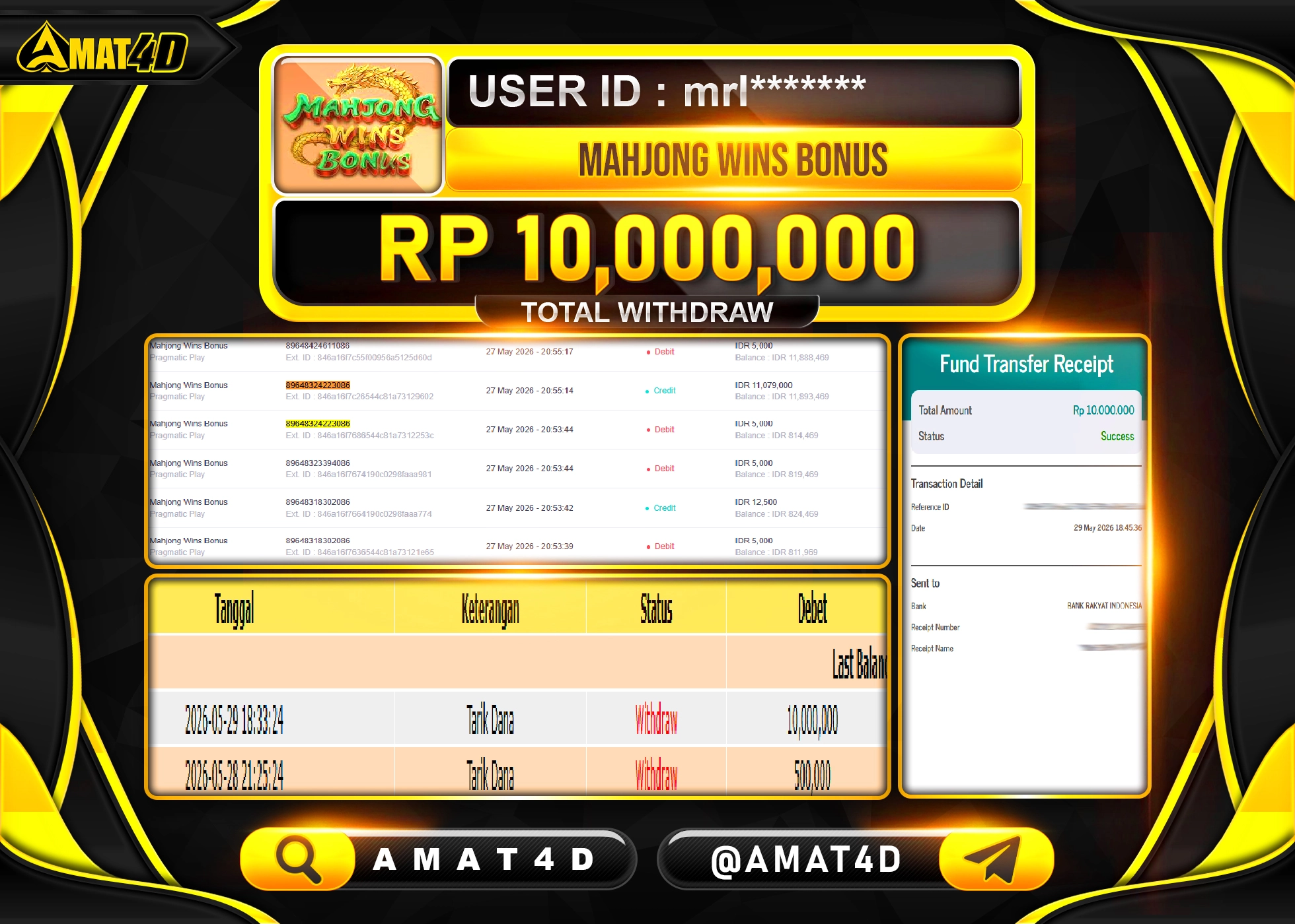 AMAT4D KEMENANGAN DI MAHJONG WINS BONUS Rp.10,000,000 BERHASIL TERBAYAR LUNAS