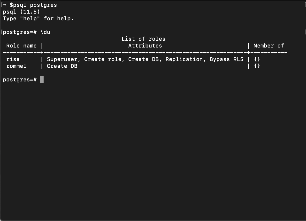 The image shows the list of user(s) within PostgreSQL using the \du command