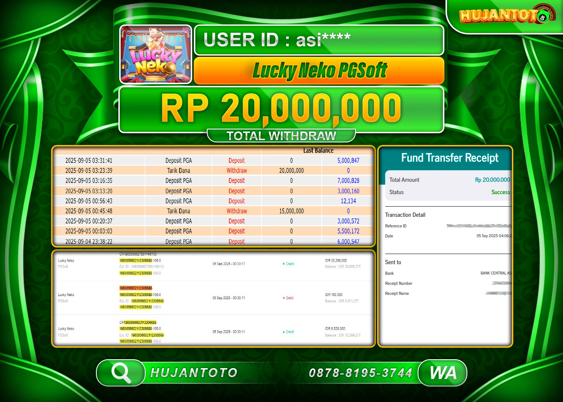HUJANTOTO - BUKTI JACKPOT MENANG SLOT LUCKY NEKO PGSOFT  Rp.20,000,000 - TERBAYAR LUNAS