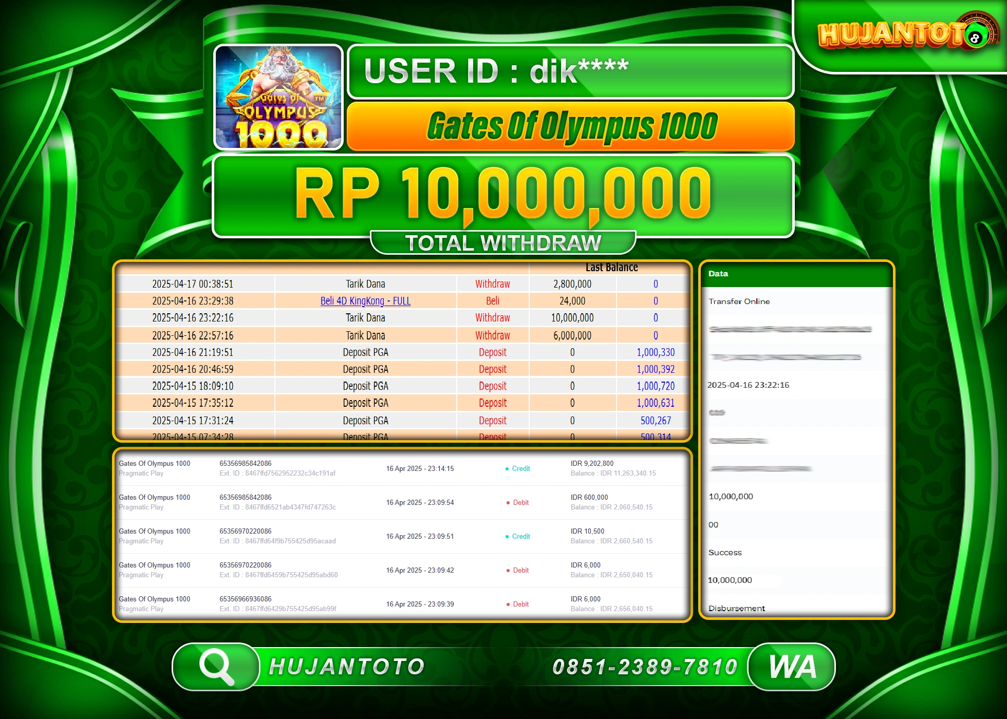 HUJANTOTO - BUKTI JACKPOT MENANG SLOT GATES OF OLYMPUS 1000 Rp,10,000,000 - TERBAYAR LUNAS