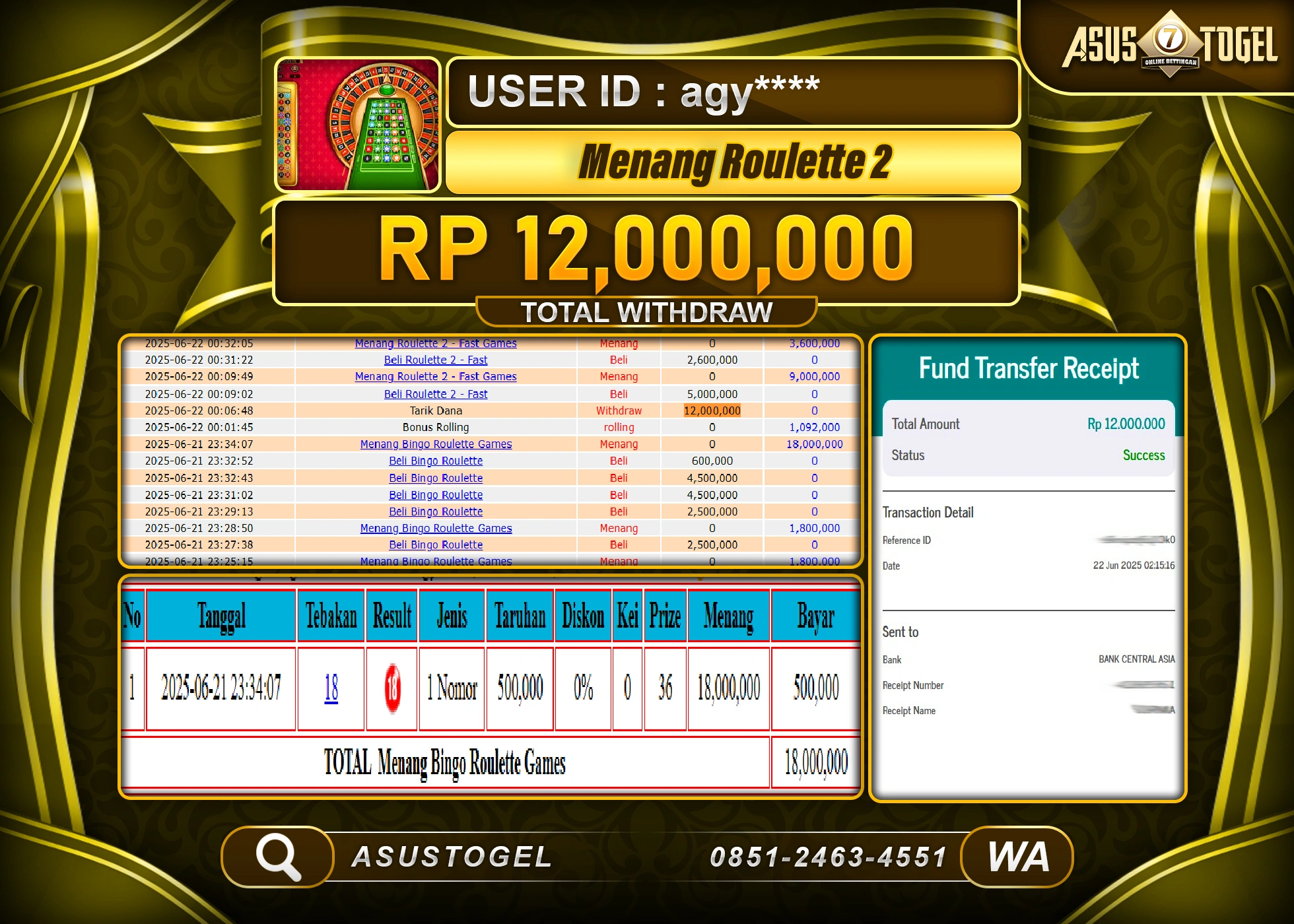 ASUSTOGEL KEMENANGAN DI LIVEGAME ROULETTE 2 SEBESAR 12,000,000- RUPIAH LUNAS