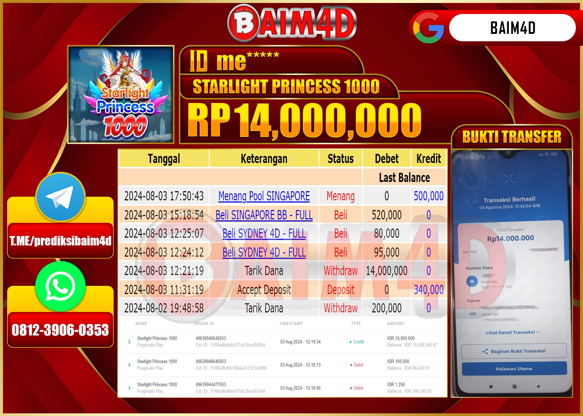 BAIM4D JACKPOT STARLIGHT PRINCESS 1000 Rp.14.000,000.- LUNAS