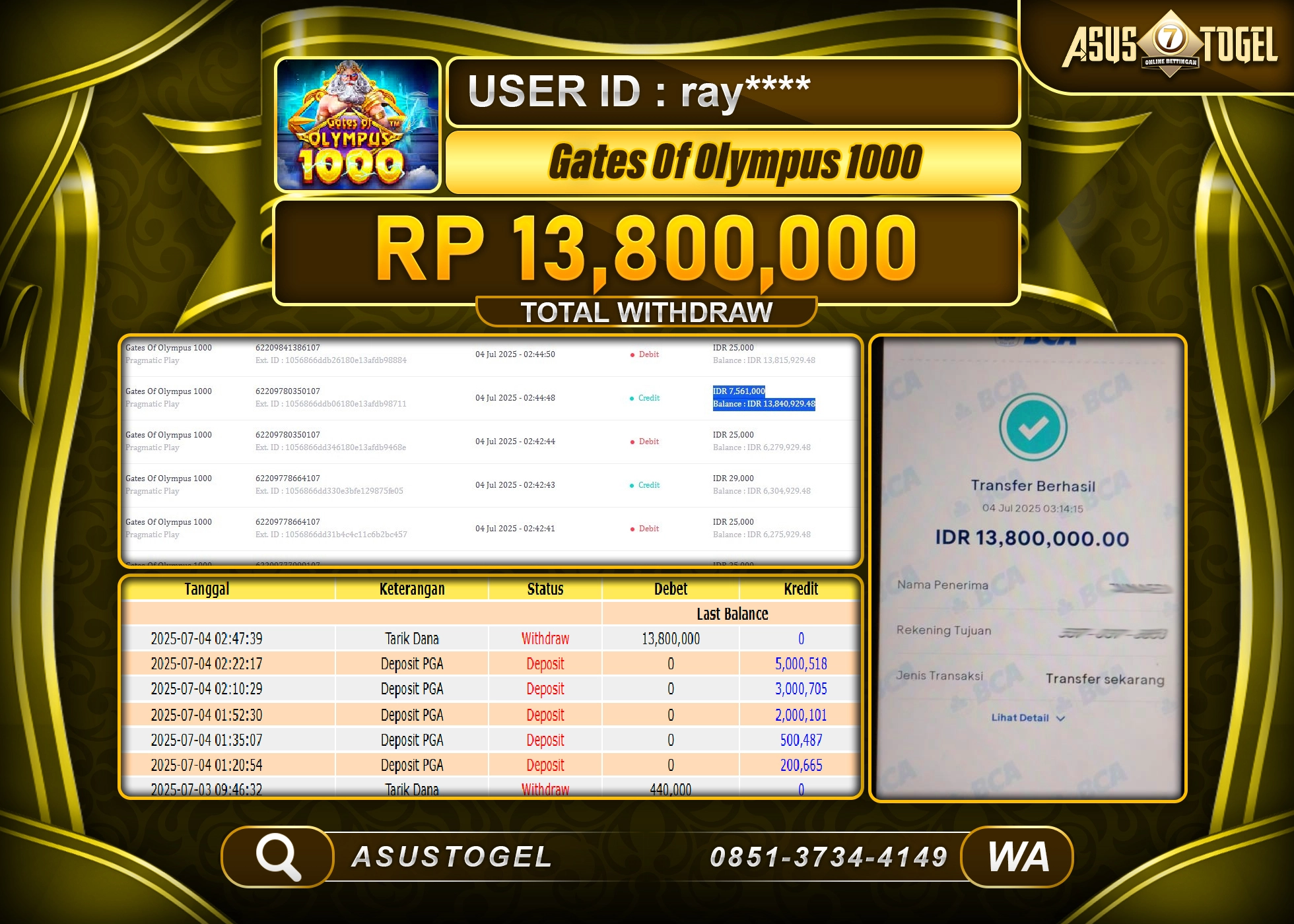 ASUSTOGEL KEMENANGAN DI SLOT GATES OF OLYMPUS 1000 SEBESAR 13,800,000- RUPIAH LUNAS
