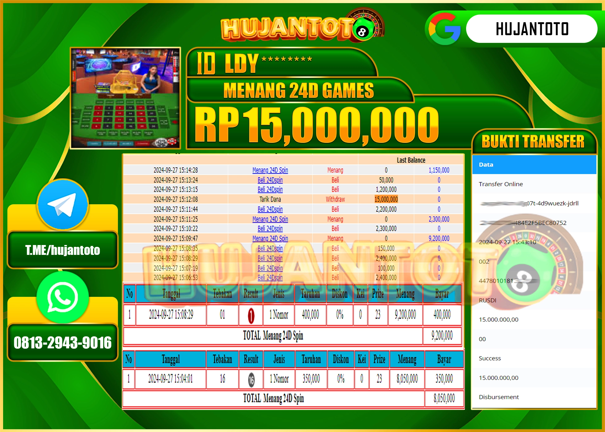 HUJANTOTO MENANG BESAR DI PERMAINAN LIVE GAME 24D SPIN - 15.000,000 - LUNAS 