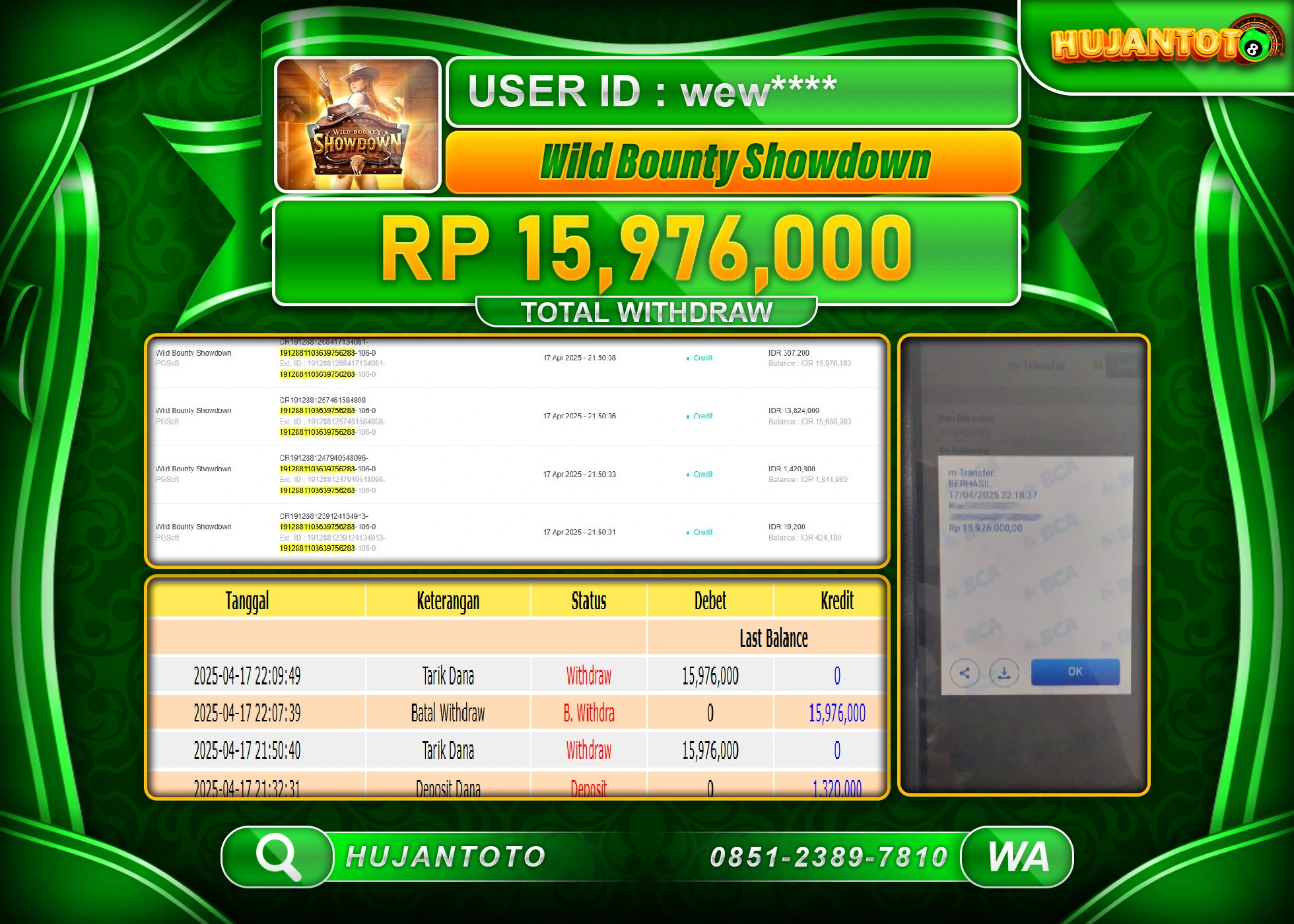 HUJANTOTO - BUKTI JACKPOT MENANG SLOT WILD BOUNTY SHOWDOWN Rp,15,976,000  - TERBAYAR LUNAS