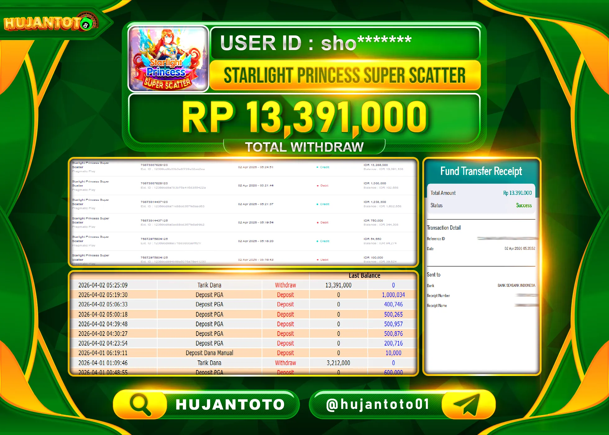 HUJANTOTO - BUKTI JACKPOT MENANG SLOT STARLIGHT PRINCESS SUPER SCATTER Rp.13,391,000 - TERBAYAR LUNAS