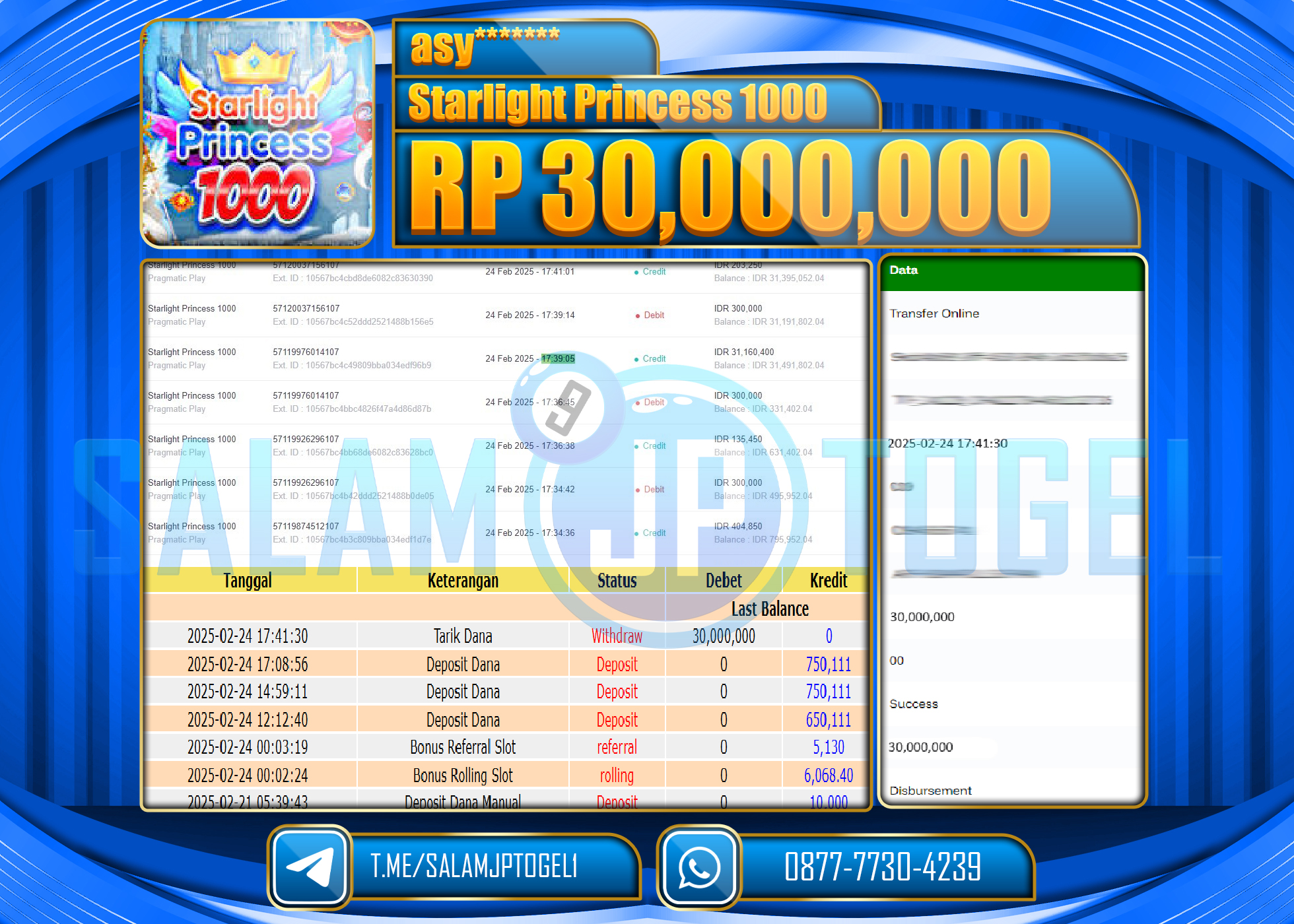 SALAMJPTOGEL MENANG STARLIGHT PRINCESS 1000 Rp. 30,000,000  LUNAS