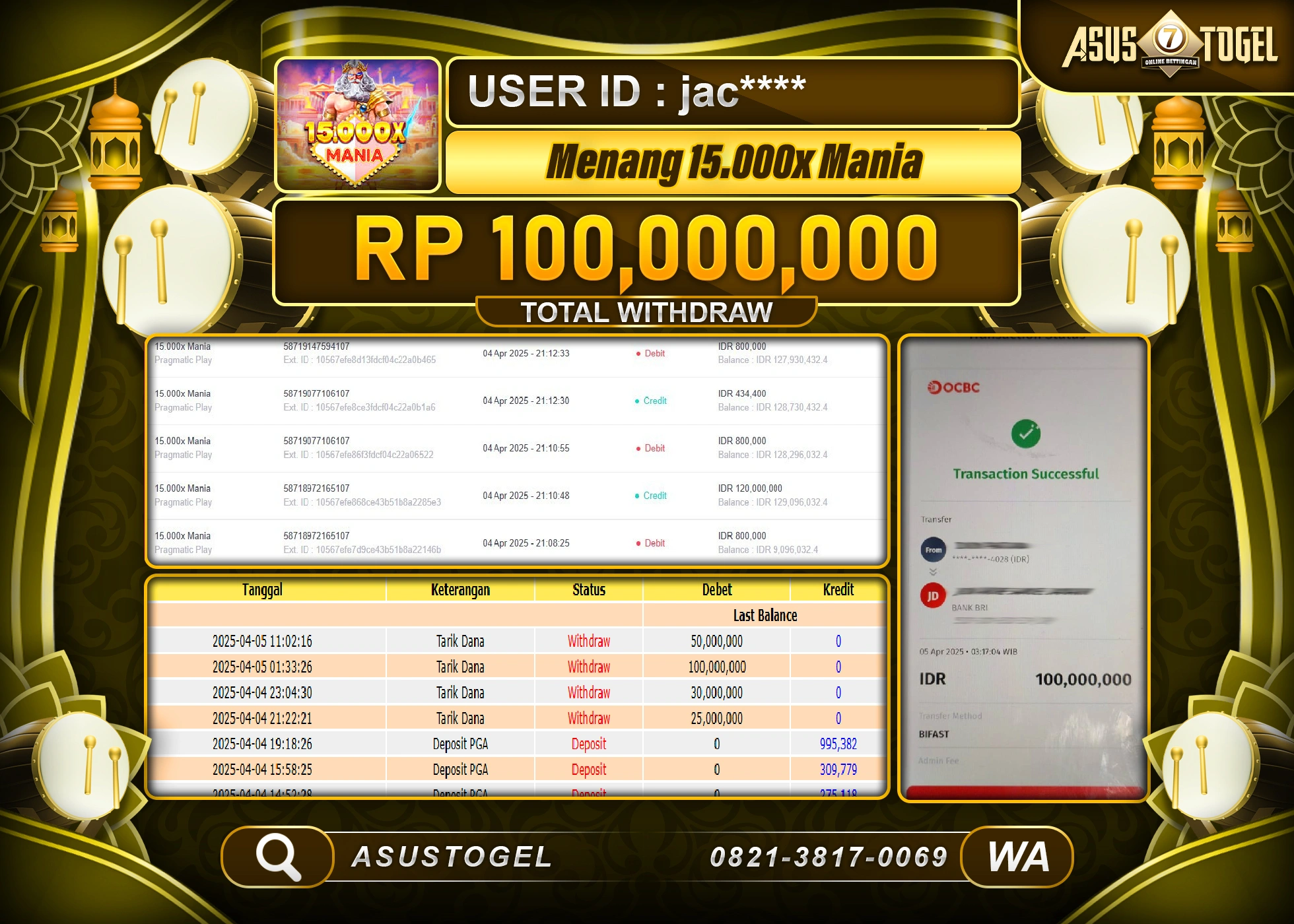 ASUSTOGEL KEMENANGAN DI SLOT 15.000X MANIA GAMES SEBESAR 100,000,000- RUPIAH LUNAS