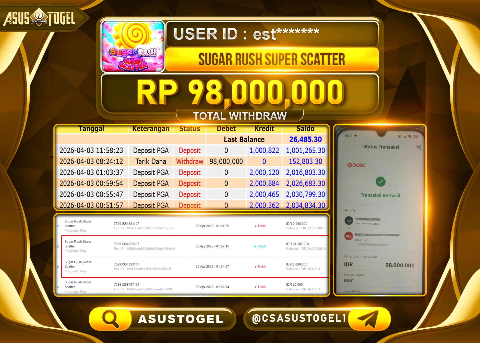 ASUSTOGEL KEMENANGAN JACKPOT DI SLOT SUGAR RUSH SUPER SCATTER SEBESAR Rp.98,000,000 - RUPIAH LUNAS