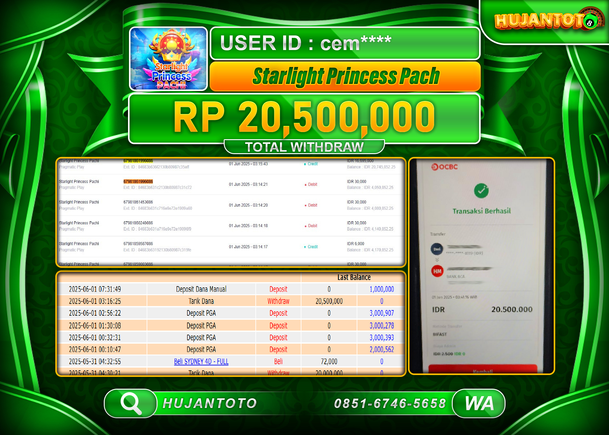  HUJANTOTO - BUKTI JACKPOT MENANG SLOT STARLIGHT PRINCESS PACH Rp.20,500,000  - TERBAYAR LUNAS