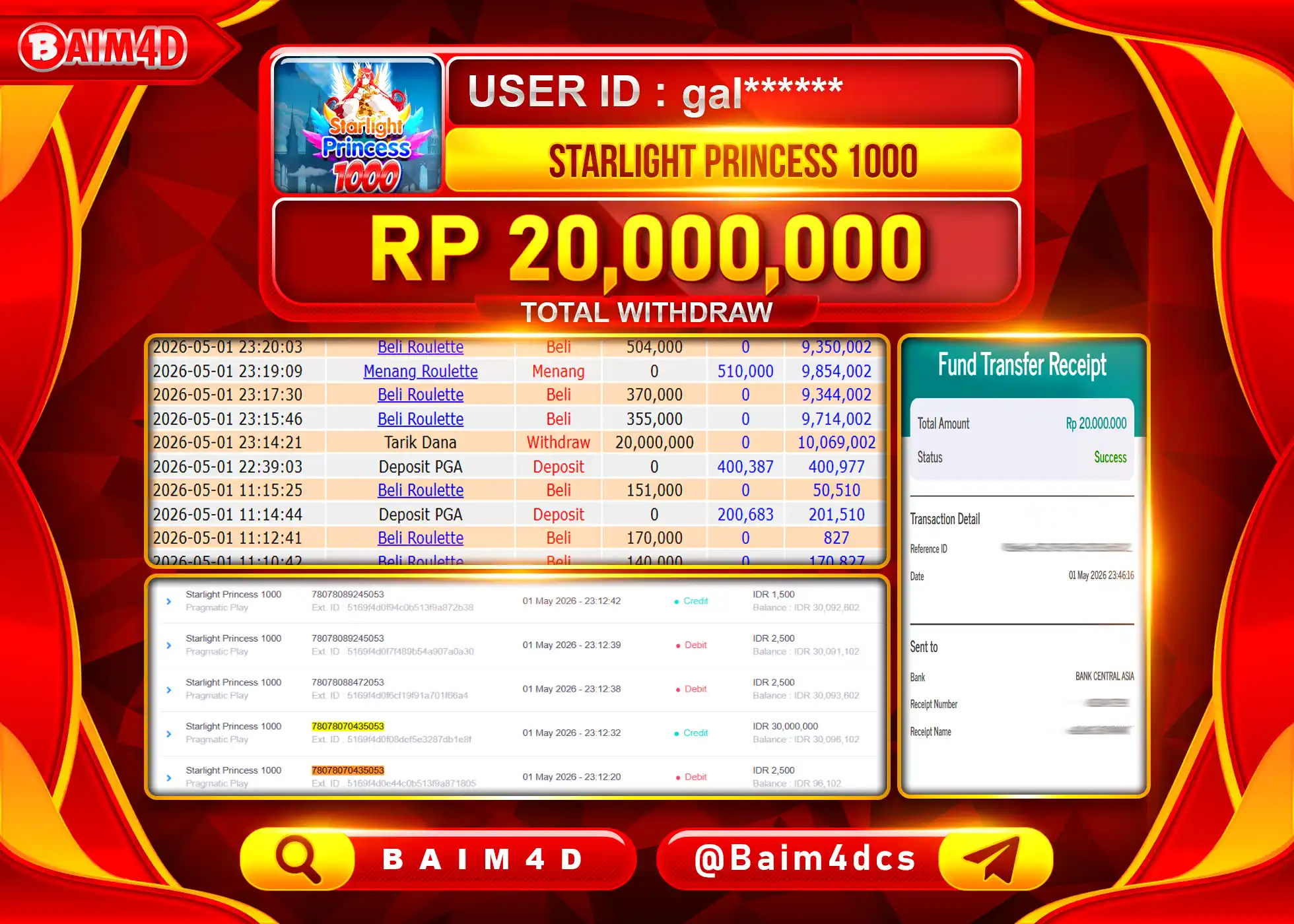 BAIM4D JACKPOT SLOT STARLIGHT PRINCESS 1000 Rp.20,000,000 - LUNAS