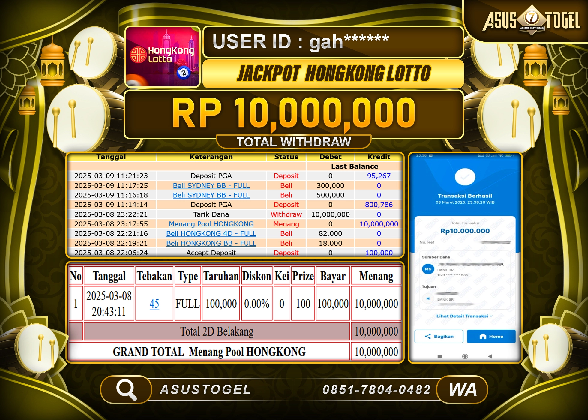 ASUSTOGEL KEMENANGAN DI TOGEL HONGKONG LOTTO SEBESAR 10,000,000- RUPIAH LUNAS