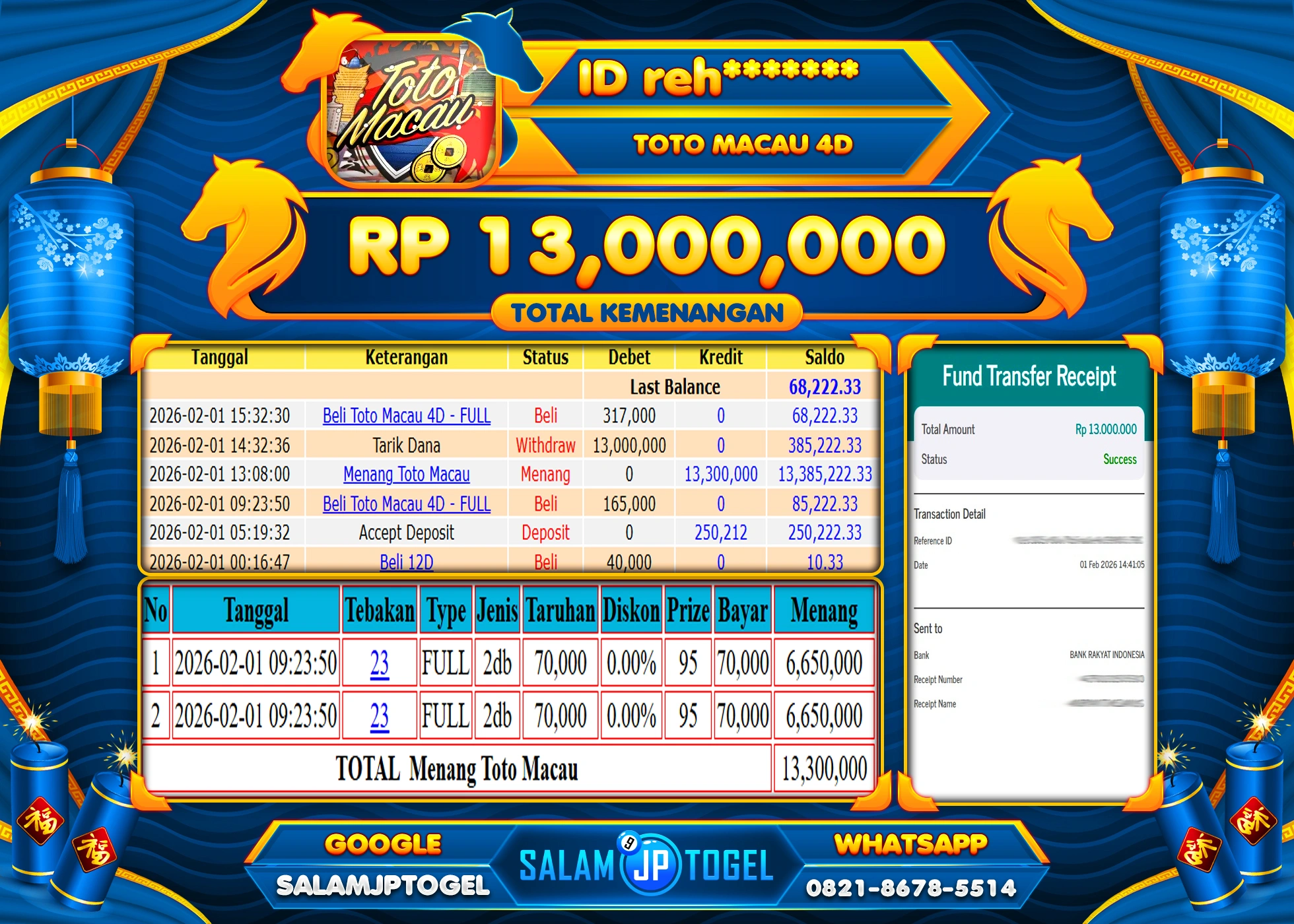 SALAMJPTOGEL JACKPOT TOTO MACAU 4D Rp.13,000,000 - LUNAS