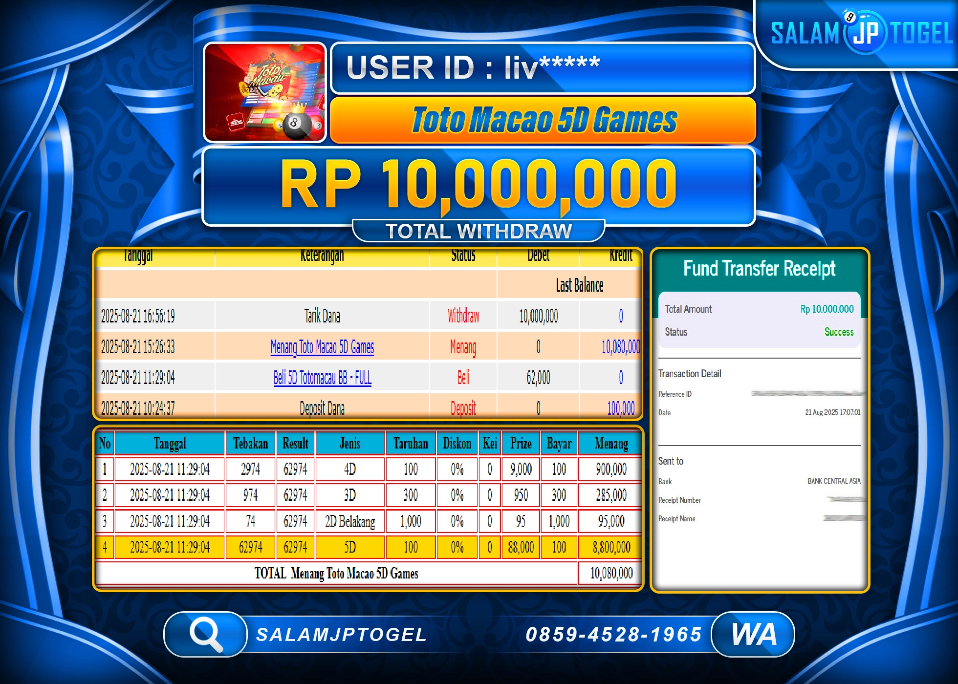 SALAMJPTOGEL MENANG TOTO MACAU 5D Rp.10,000,000