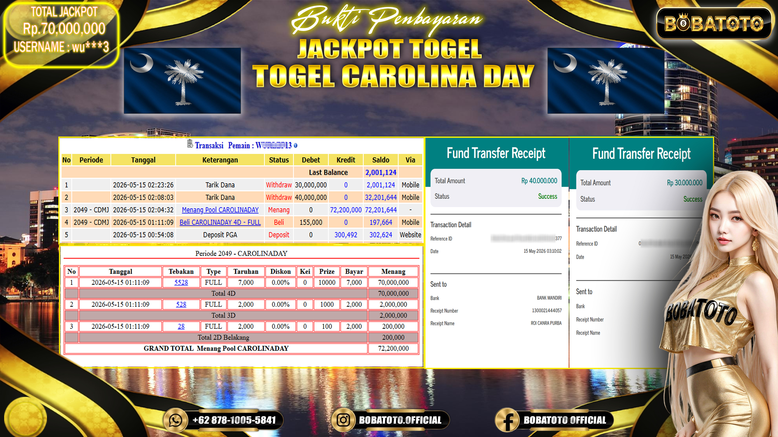 BOBATOTO JACKPOT TOGEL CAROLINA DAY Rp.70,000,000,- LUNAS!!!