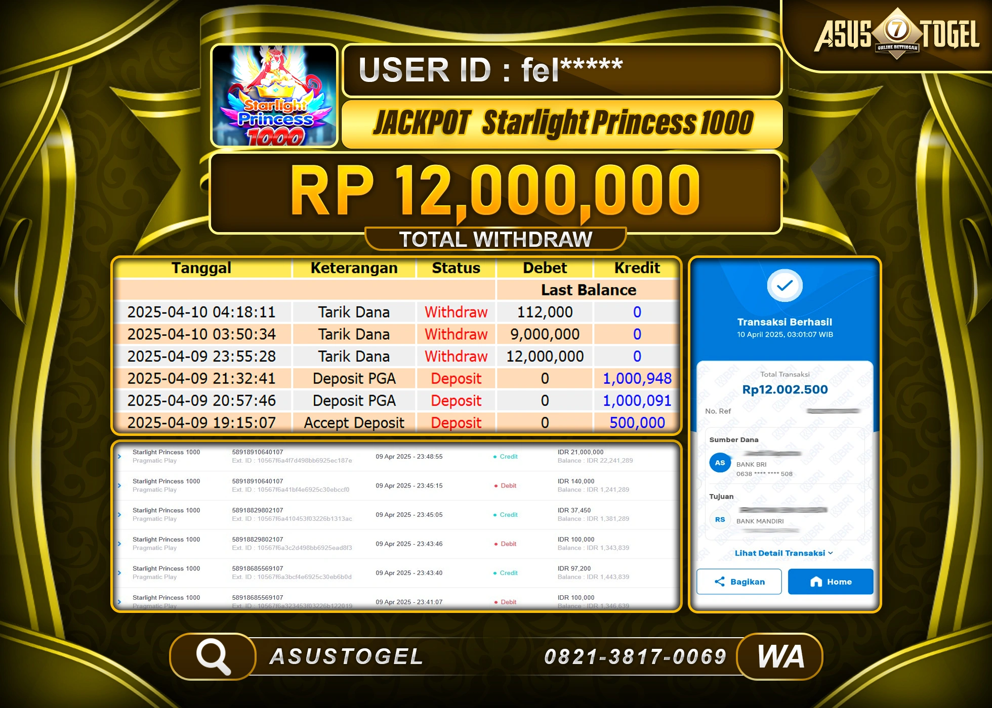ASUSTOGEL KEMENANGAN DI STARLIGHT PRINCESS 1000 SEBESAR 12,000,000- RUPIAH LUNAS