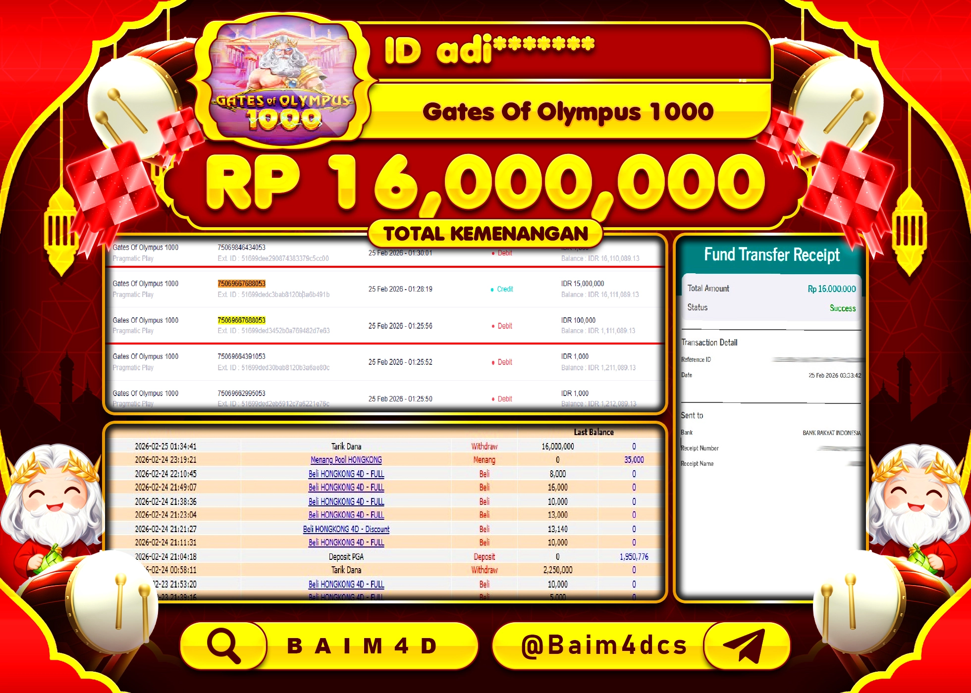 BAIM4D JACKPOT SLOT GATES OF OLYMPUS 1000 Rp.16,000,000 - LUNAS
