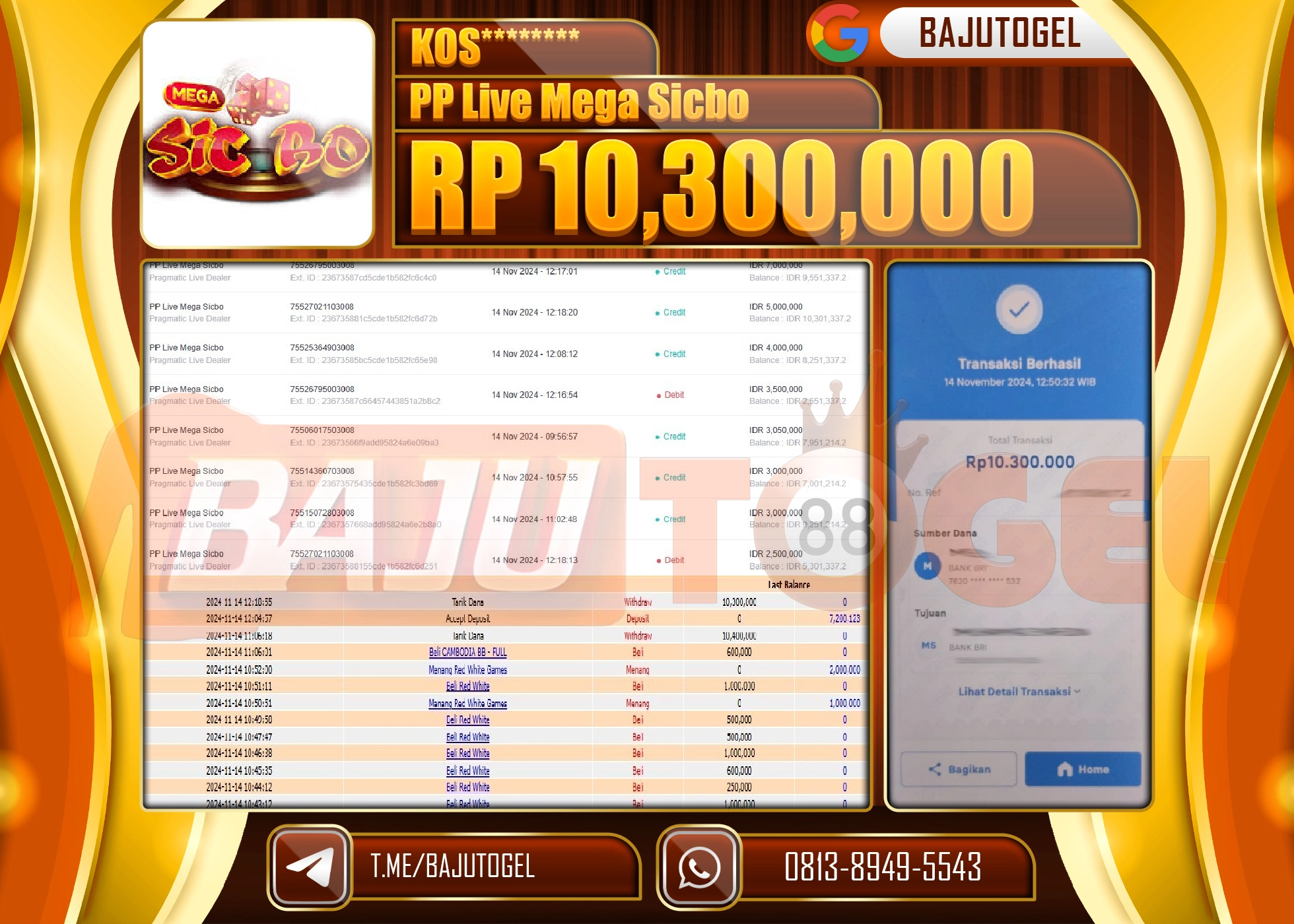 BAJUTOGEL JACKPOT LIVE MEGA SICBO Rp. 10.300.000 LUNAS