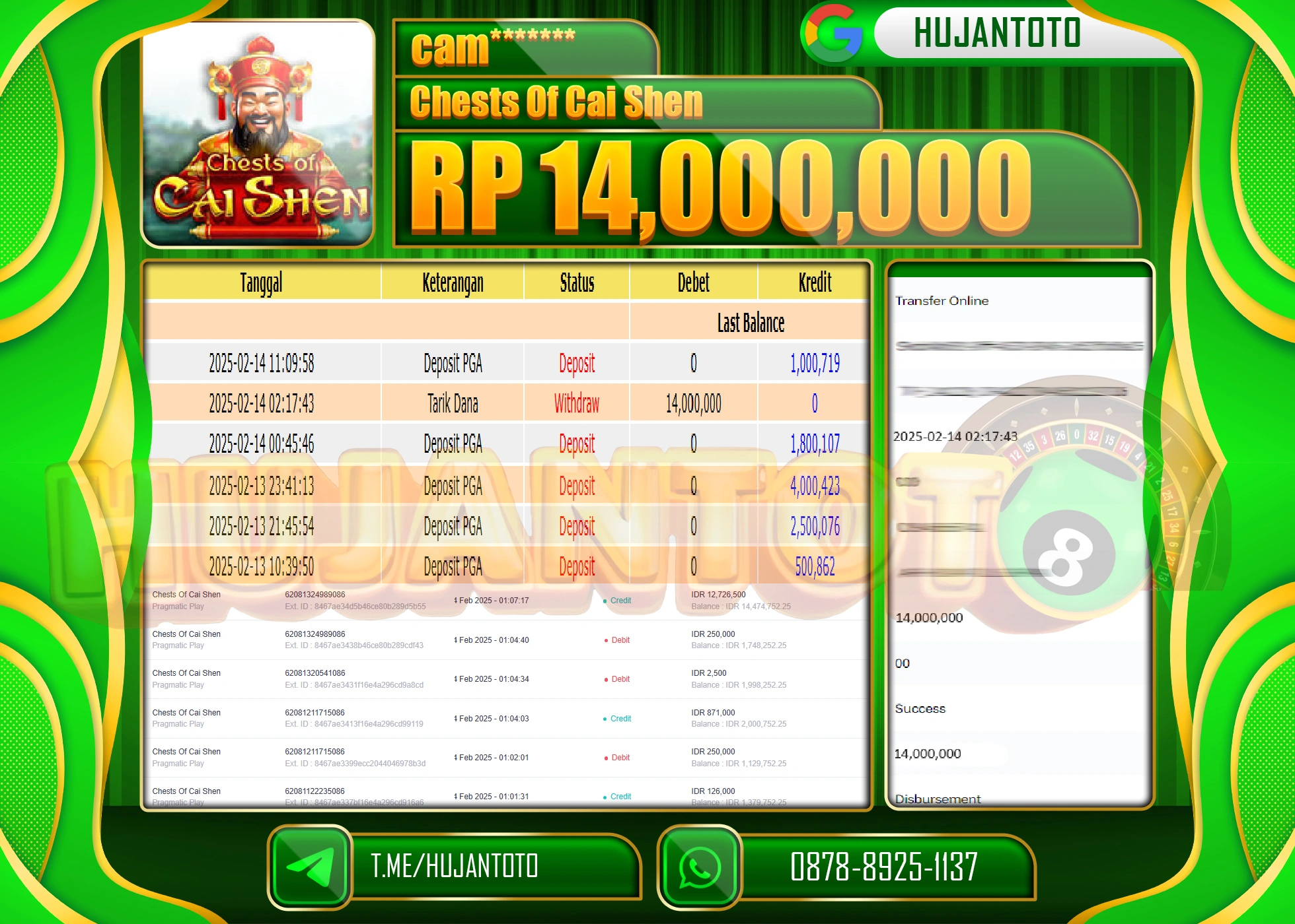 HUJANTOTO - BUKTI JACKPOT MENANG SLOT CHESTS OF CAI SHEN Rp,14.000,000 - TERBAYAR LUNAS