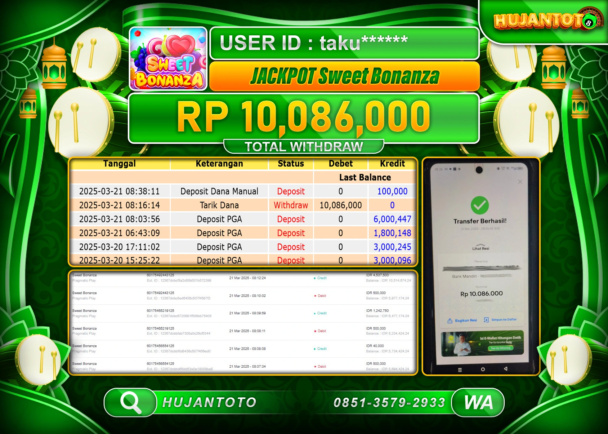 HUJANTOTO - BUKTI JACKPOT MENANG SLOT SWEET BONANZA Rp,10,086,000 - TERBAYAR LUNAS