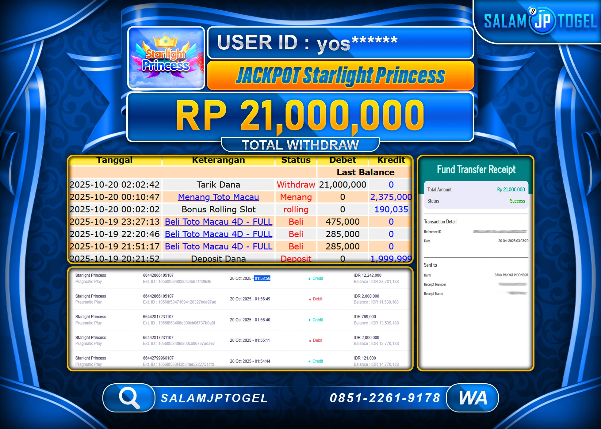 SALAMJPTOGEL MENANG SLOT STARLIGHT PRINCESS Rp.21,000,000  - LUNAS