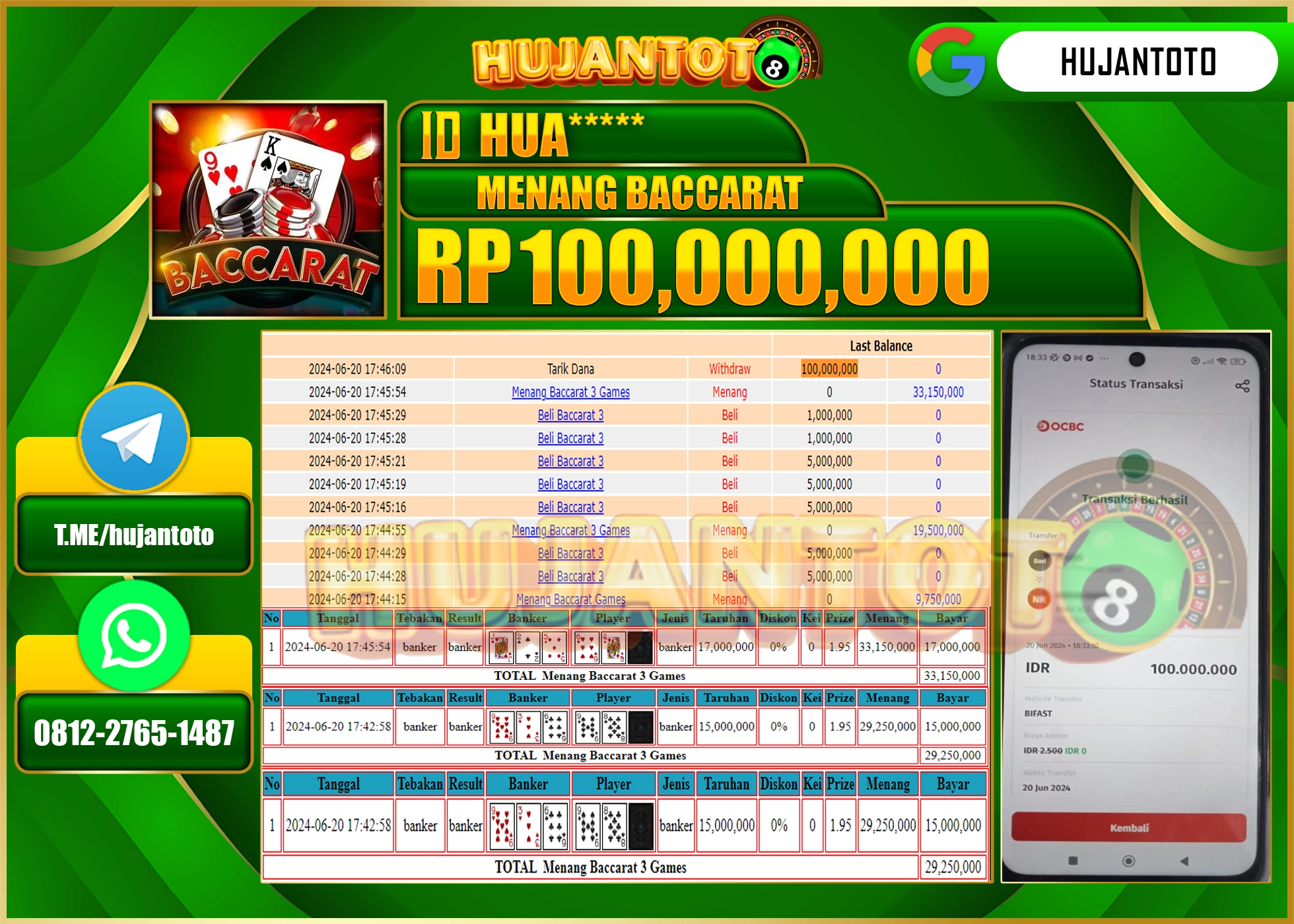 HUJANTOTO MENANG LIVE CASINO BACCARAT GAMES 100,000,000 - LUNAS 