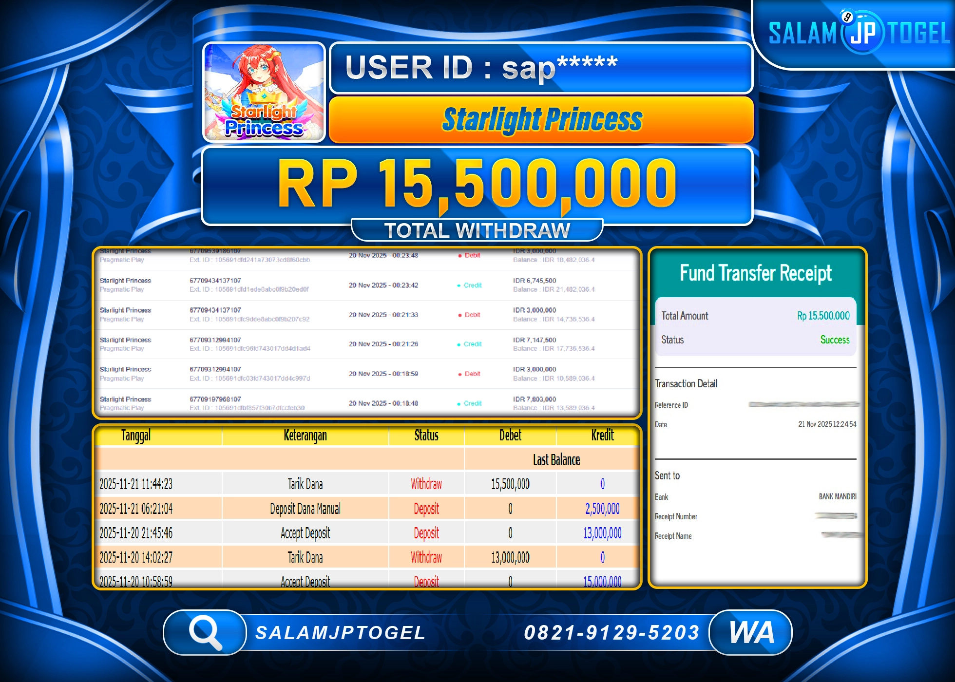 SALAMJPTOGEL MENANG SLOT STARLIGHT PRINCESS  Rp.15,500,000  - LUNAS