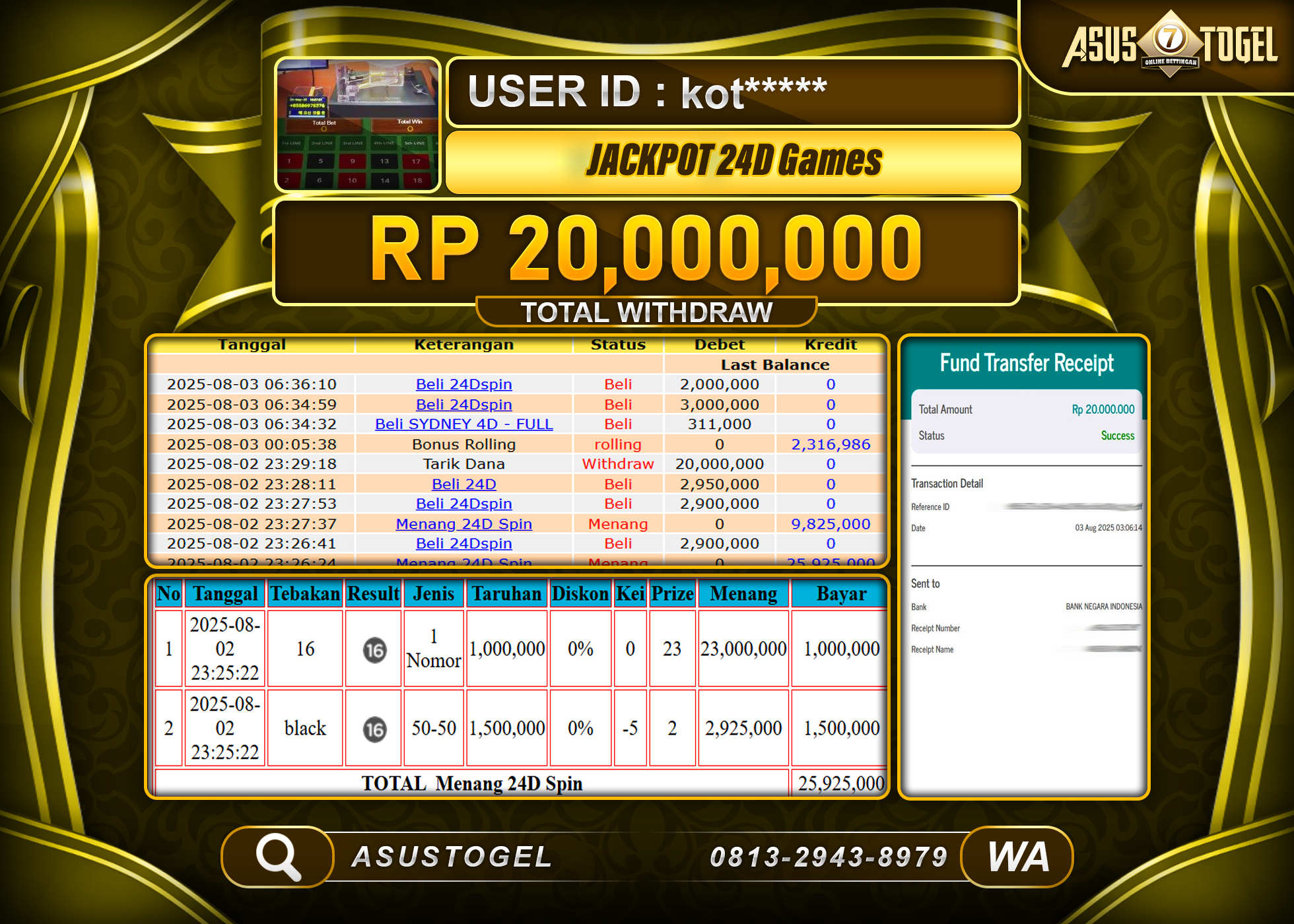 ASUSTOGEL KEMENANGAN DI LIVEGAME 24D SPIN GAMES SEBESAR 20,000,000- RUPIAH LUNAS