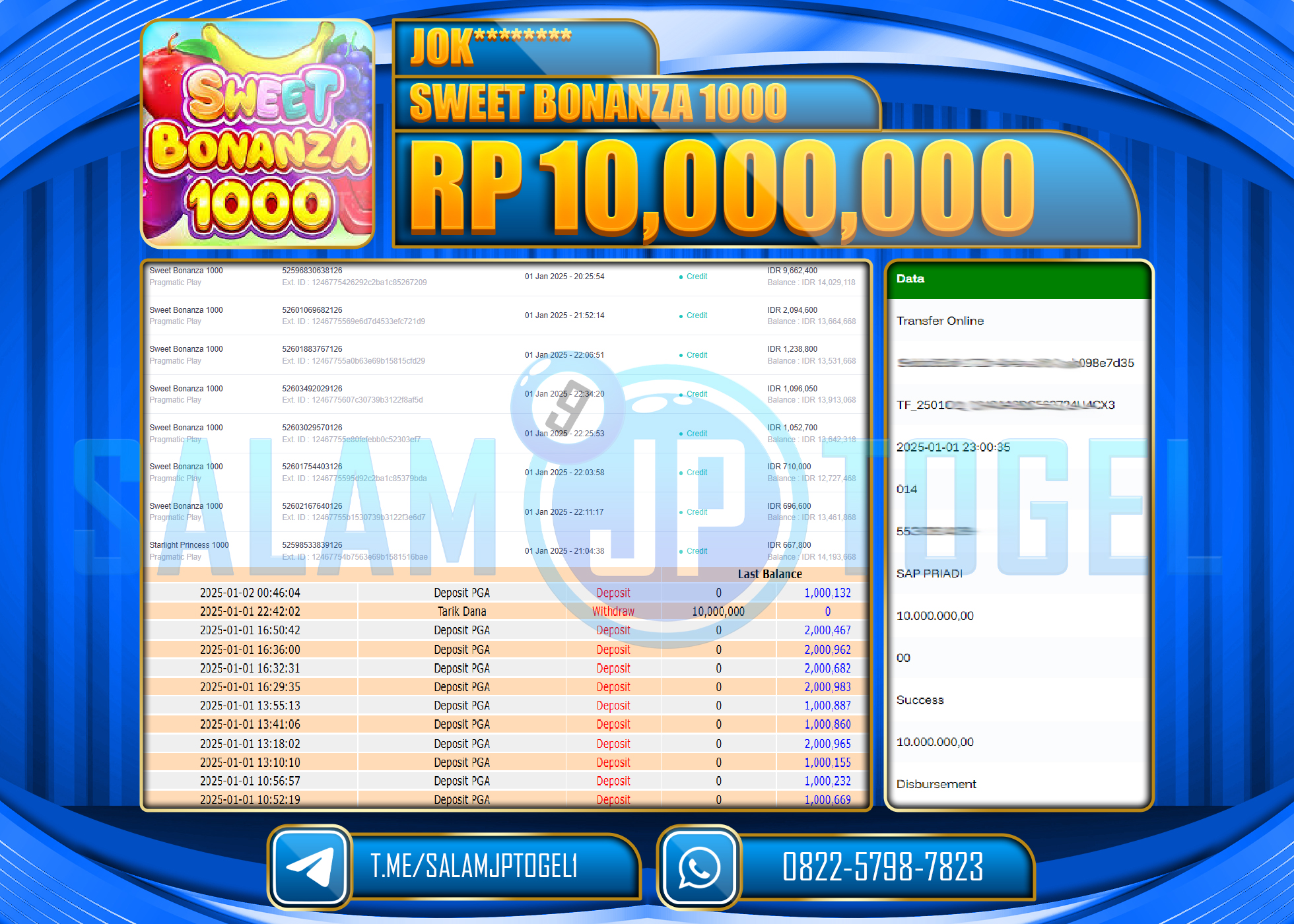 SALAMJPTOGEL MENANG SLOT SWEET BONANZA  Rp.10,000,000 LUNAS