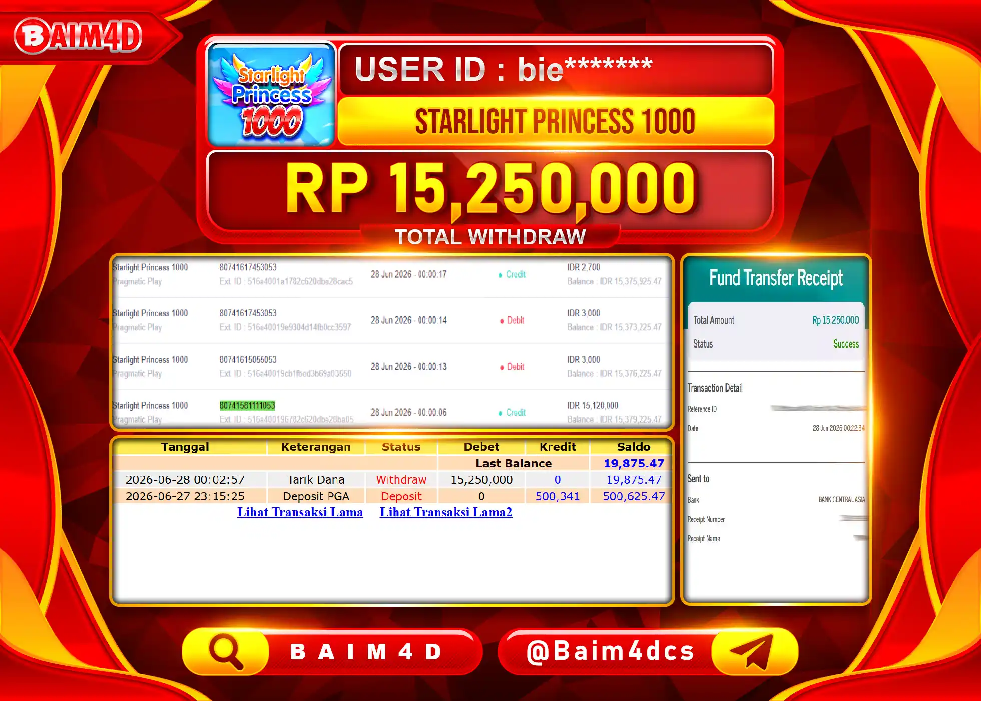 BAIM4D JACKPOT SLOT STARLIGHT PRINCESS 1000 Rp.15,250,000 - LUNAS