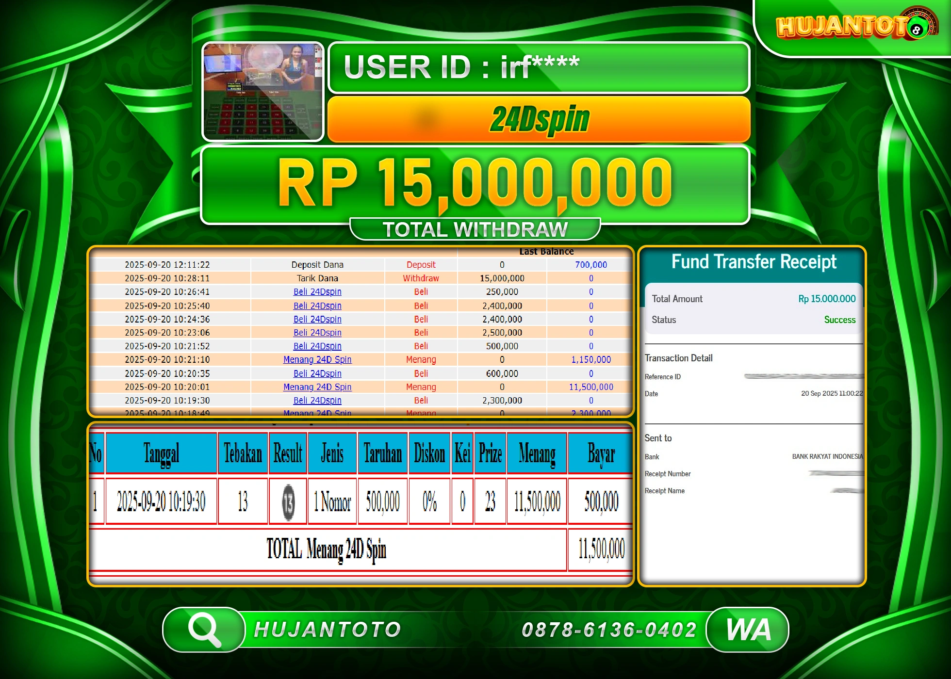 HUJANTOTO - BUKTI JACKPOT MENANG LIVEGAMES 24D SPIN Rp.15,000,000 - TERBAYAR LUNAS