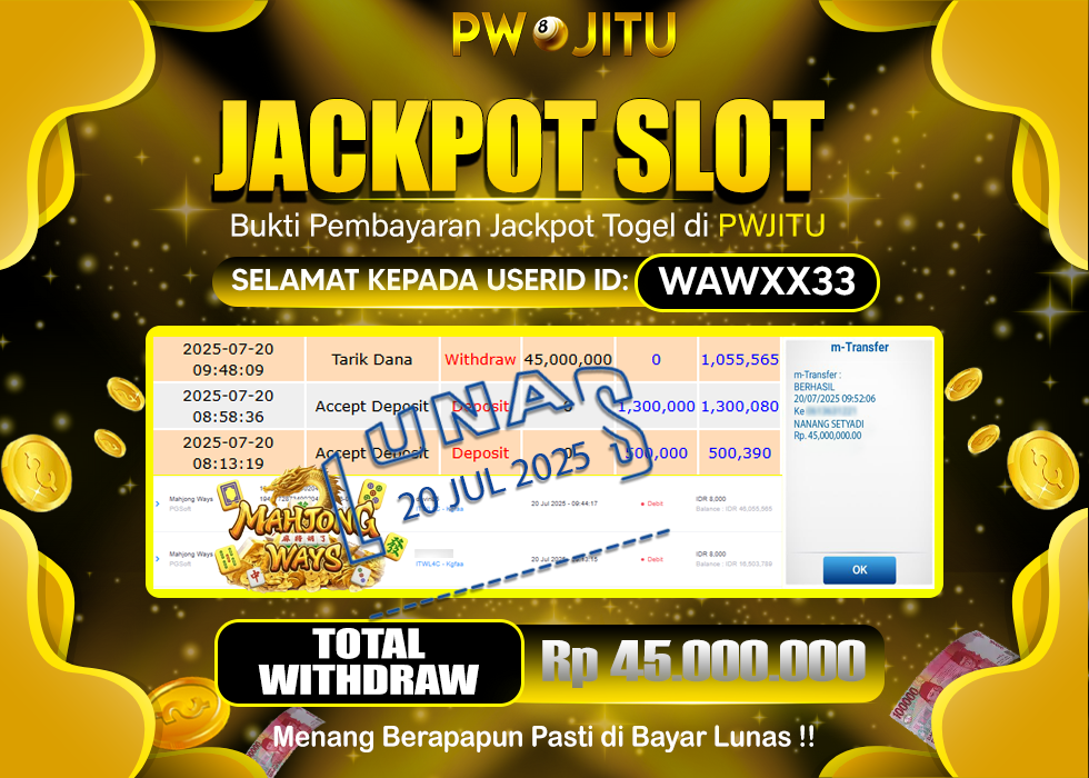 PWJITU JACKPOT SLOT MAHJONG WAYS Rp.45.000.000,- LUNAS