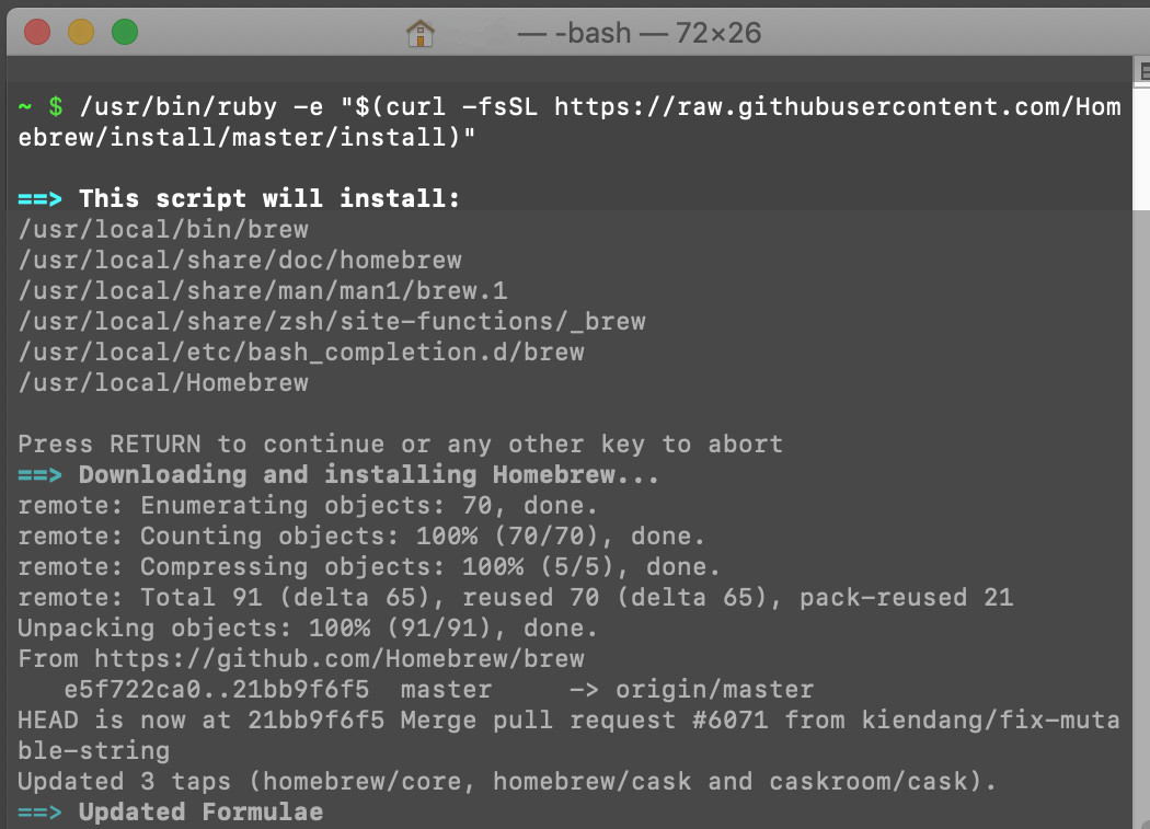 Screenshot of a terminal window in macOS Mojave installing Homebrew