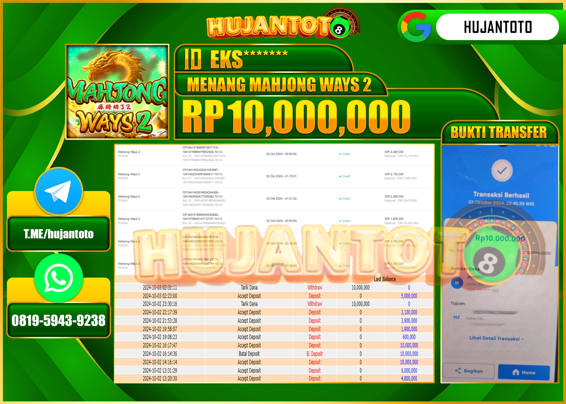 HUJANTOTO MENANG BESAR DI PERMAINAN MENANG MAHJONG WAYS 2- 10.000,000 - LUNAS 