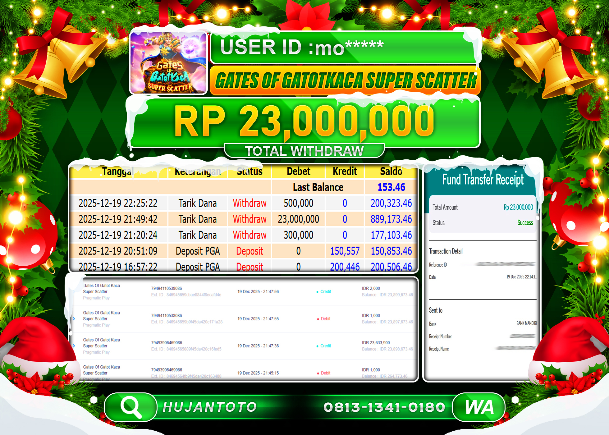 HUJANTOTO - BUKTI JACKPOT MENANG SLOT GATES  GATOTKACA SUPER SCATTER Rp.23,000,000 - TERBAYAR LUNAS